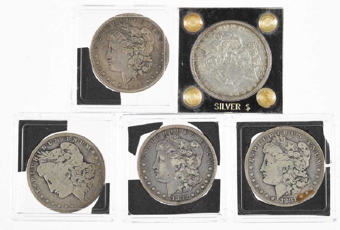 Five Morgan silver dollars, to include 1881 O, 18 (1 of 2)