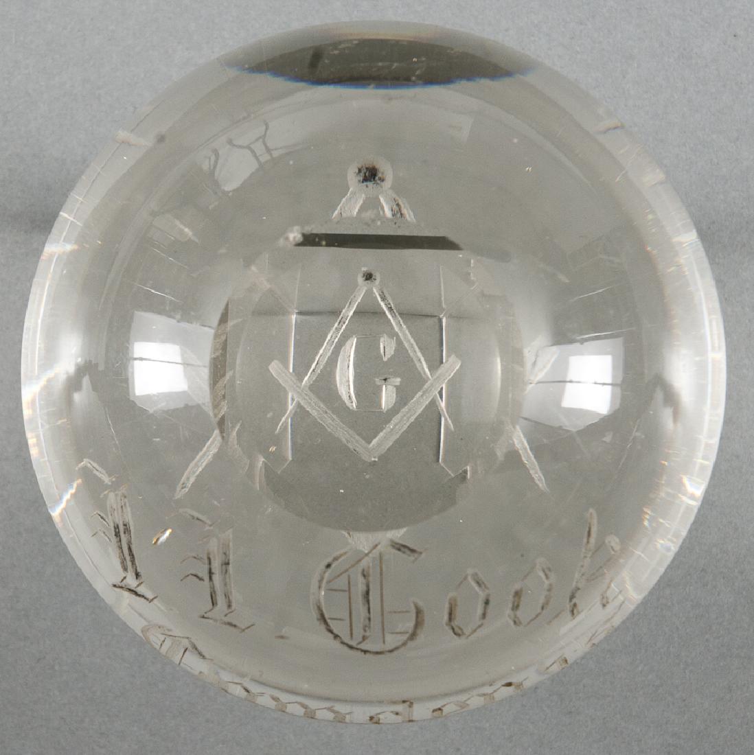 Engraved presentation Masonic paperweight, with i: Engraved presentation Masonic paperweight, with initials and top facet, 3 5/8'' dia.