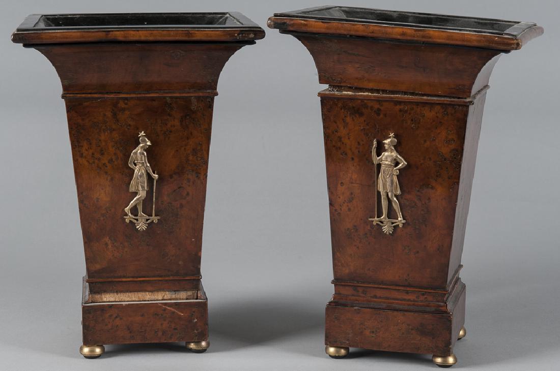 Pair of burl veneer planters with ormolu appliqué: Pair of burl veneer planters with ormolu appliqués, 13'' h., 9'' w.