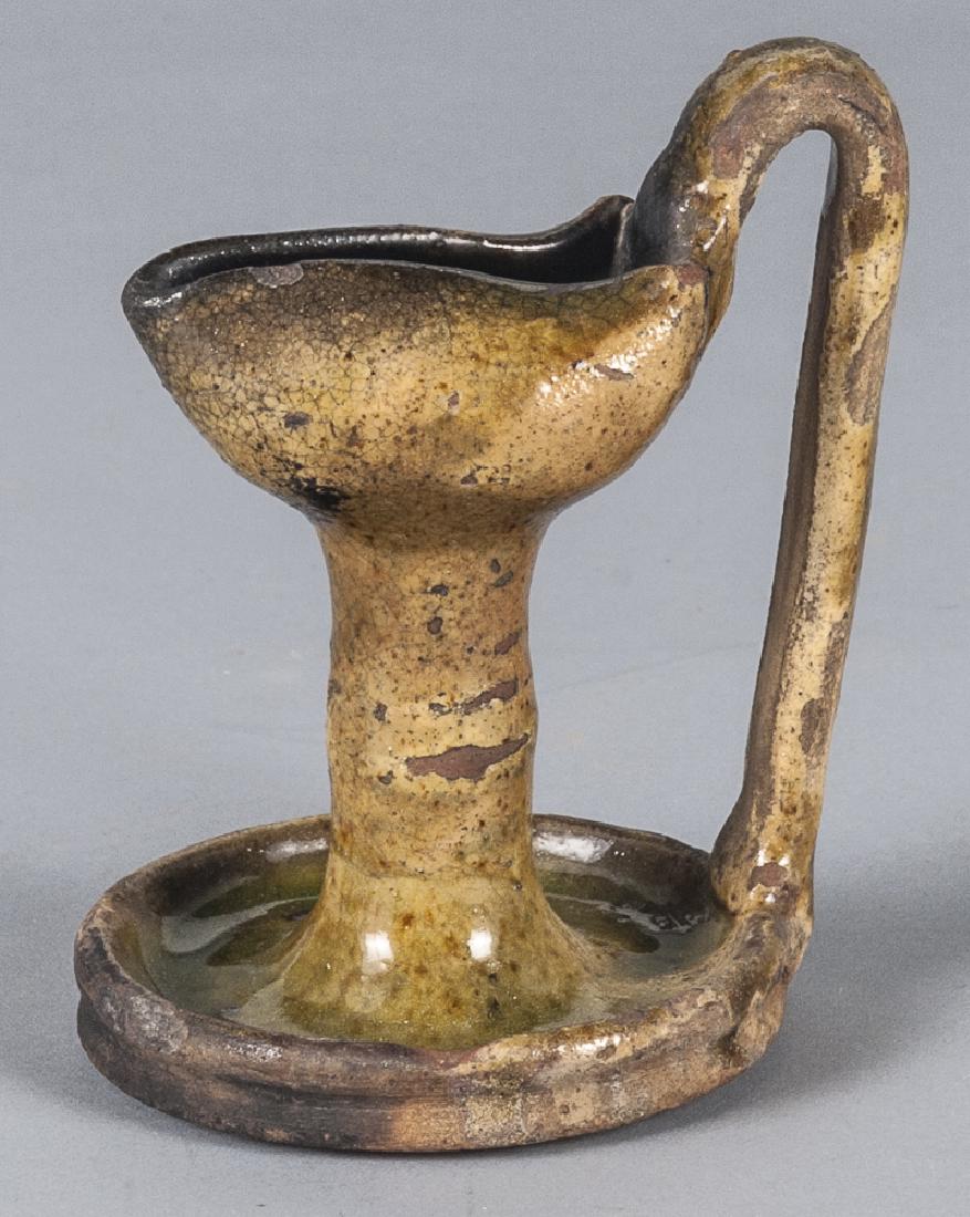 Redware fat lamp, 19th c., with mottled green gla (1 of 1)