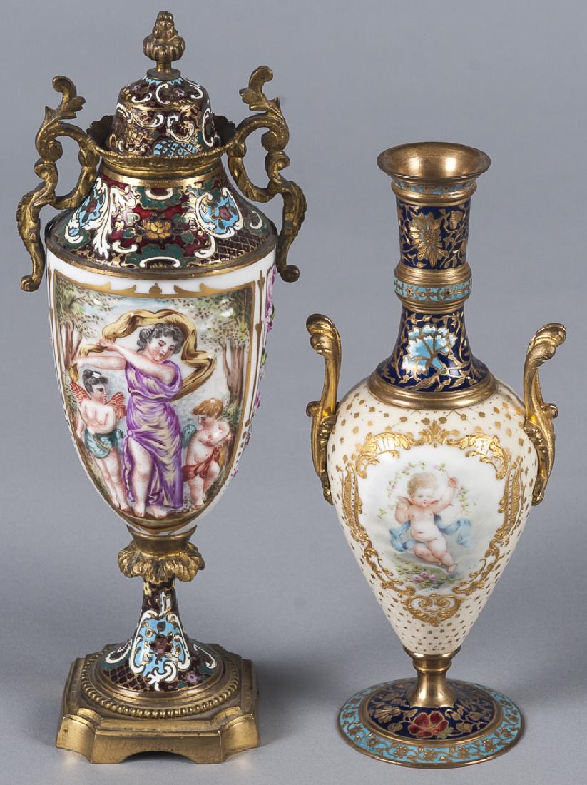 Two porcelain and enamel urns, ca. 1900, 7 3/4'' h (1 of 1)