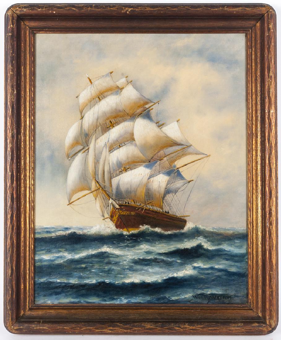 Oil on canvas seascape, signed Wesley Warren, 2: Oil on canvas seascape, signed Wesley Warren, 28'' x 22''.
