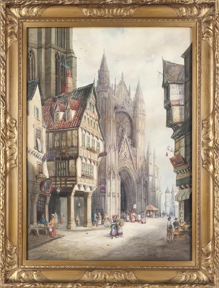Watercolor view of Rouen Normandy, signed H. J.: Watercolor view of Rouen Normandy, signed H. J. Harris 1912, 29'' x 21''.