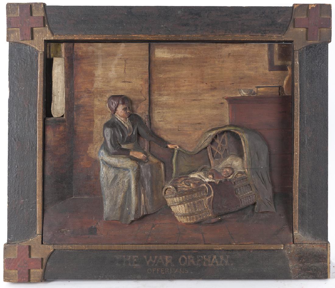 Carved and painted wood relief titled The War Or: Carved and painted wood relief titled The War Orphan Offerman, signed lower right Rogers, 27'' x 33''.