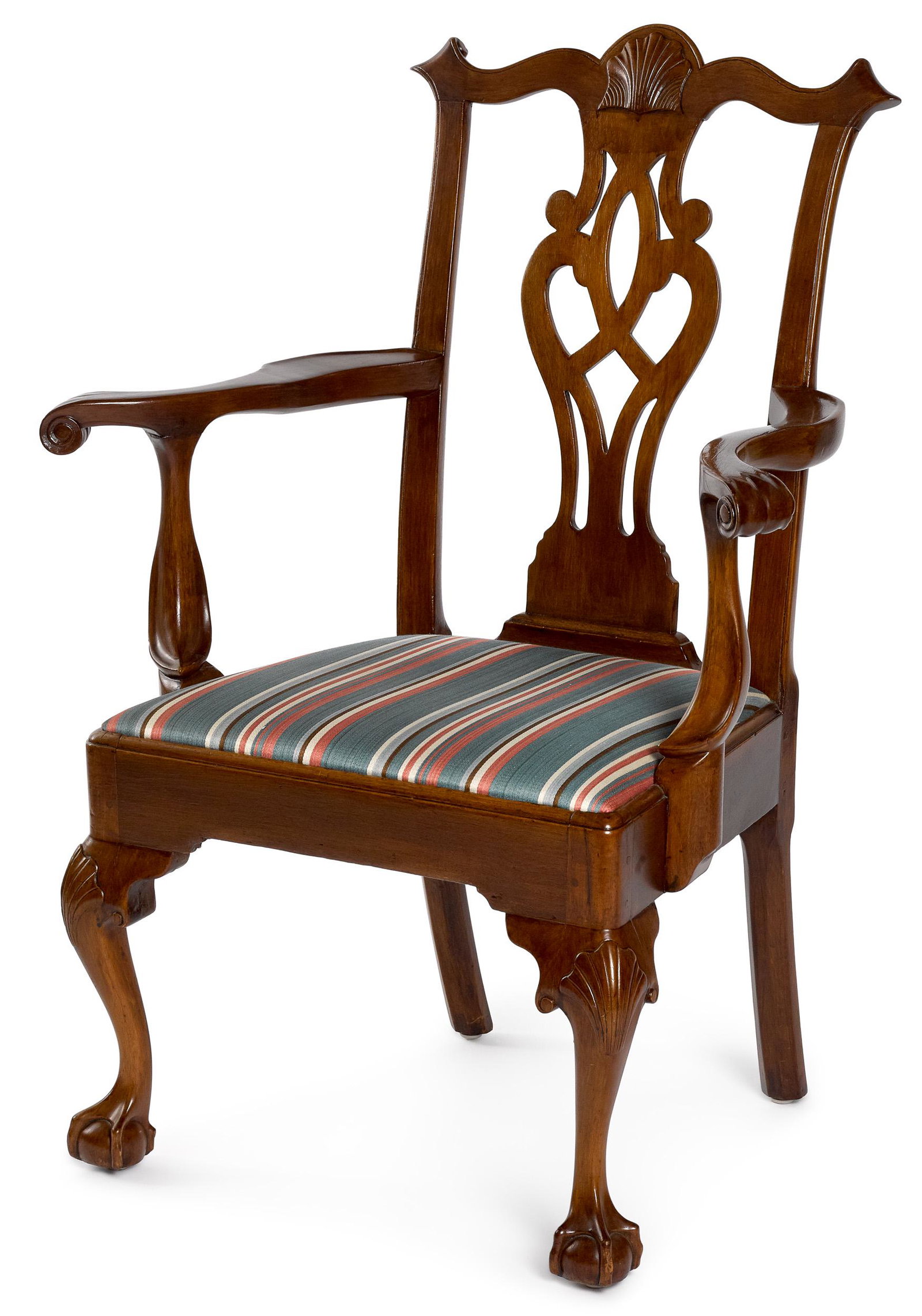 Pennsylvania Chippendale walnut armchair: Pennsylvania Chippendale walnut armchair, ca. 1770, with a shell carved crest, pierced splat and shell carved legs, terminating in ball and claw feet. Provenance: Alice Vaux Lewis, Easton, Maryland; J