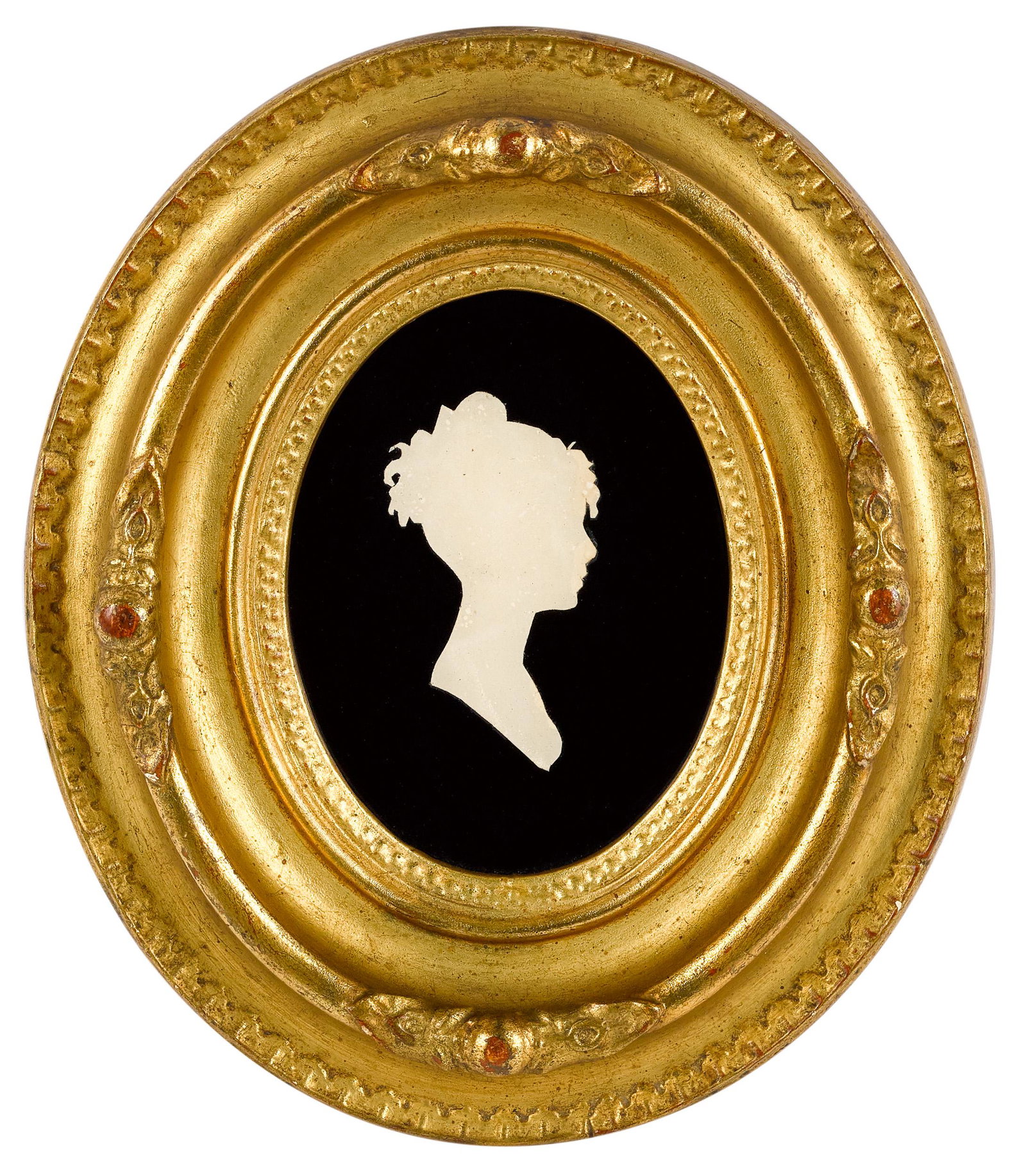 Pair of reverse painted silhouettes: Pair of reverse painted silhouettes of a man and woman, 19th c., frames - 9 1/2'' x 8 1/4''. Provenance: The Collection of Daniel Heisler and Mary Jane Sheppard, Lutherville, MD.