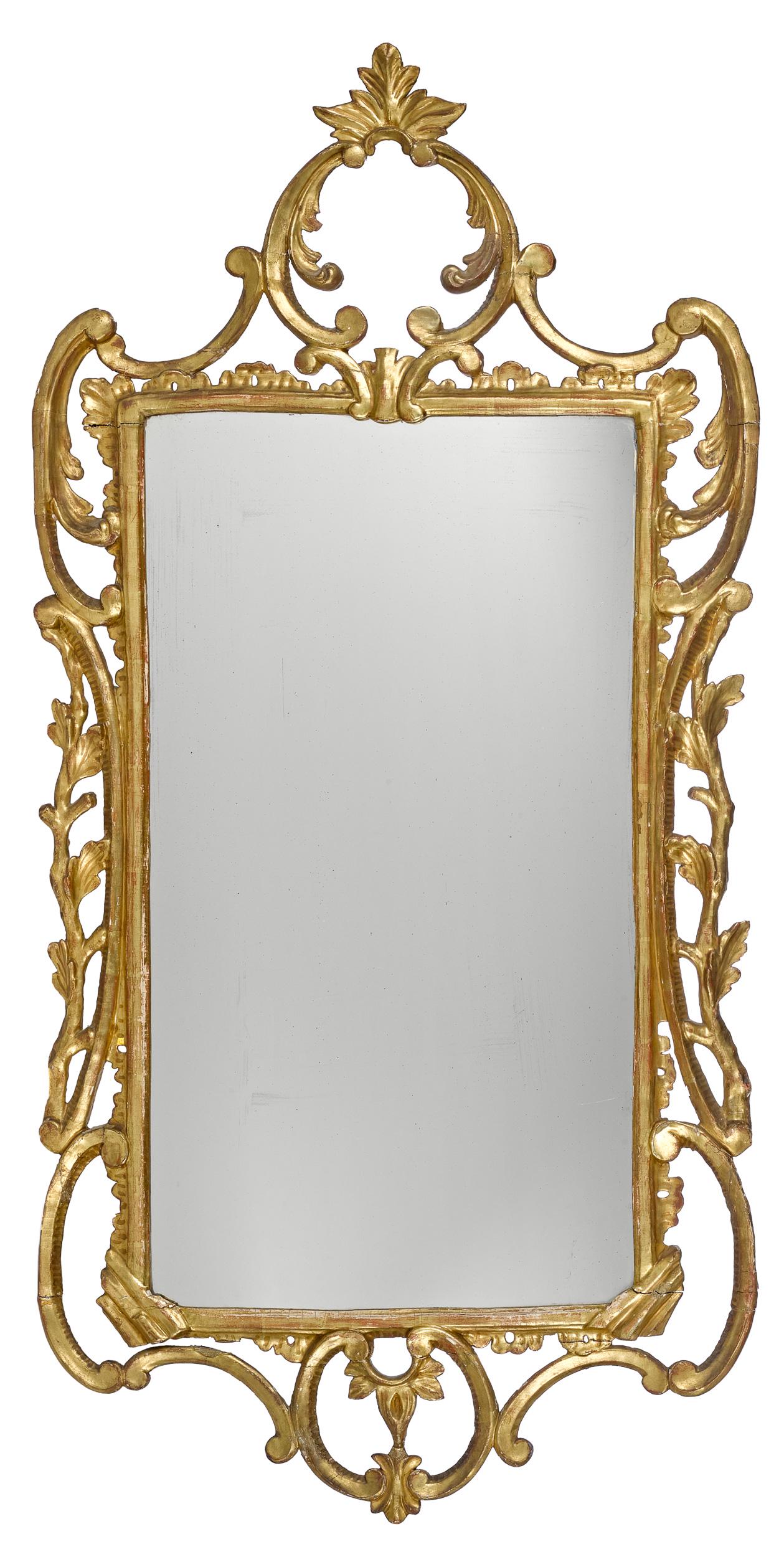 George III carved giltwood looking glass: George III carved giltwood looking glass, ca. 1760, 45'' x 22 1/2''. Provenance Collins & Collins, New York; Joe Kindig Jr. & Son 1997; The Collection of Daniel Heisler and Mary Jane Sheppard, Lutherv