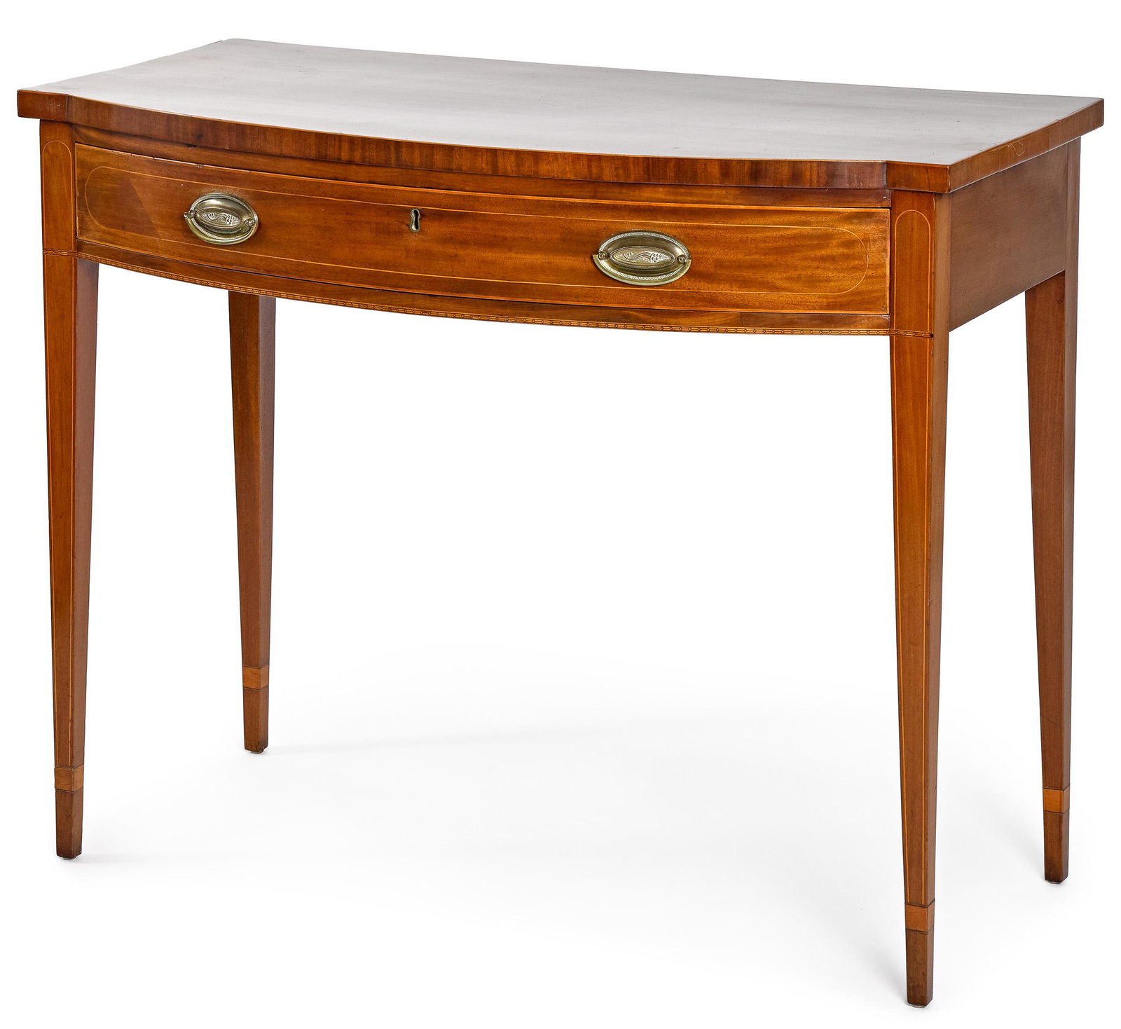 Pennsylvania or Maryland Federal bowfront table: Pennsylvania or Maryland Federal mahogany bowfront pier table, ca. 1805, with a single drawer and line inlays, 32'' h., 39 3/4'' w. Provenance: The Collection of Daniel Heisler and Mary Jane Sheppard,