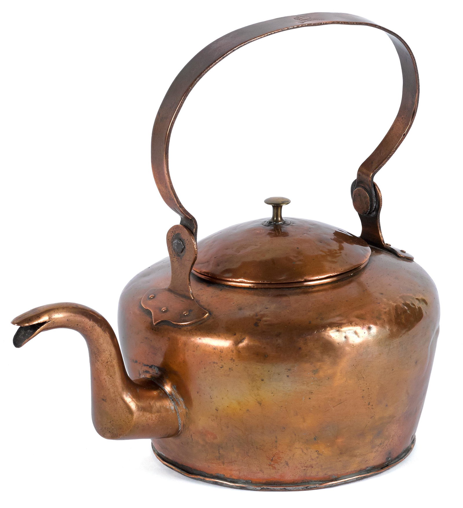 Philadelphia copper kettle: Philadelphia copper kettle, 18th c., the swing handle stamped B. Harbeson, below a crown, 11 1/2'' h. Provenance: Estate of August Knapp, Hudson, Ohio.