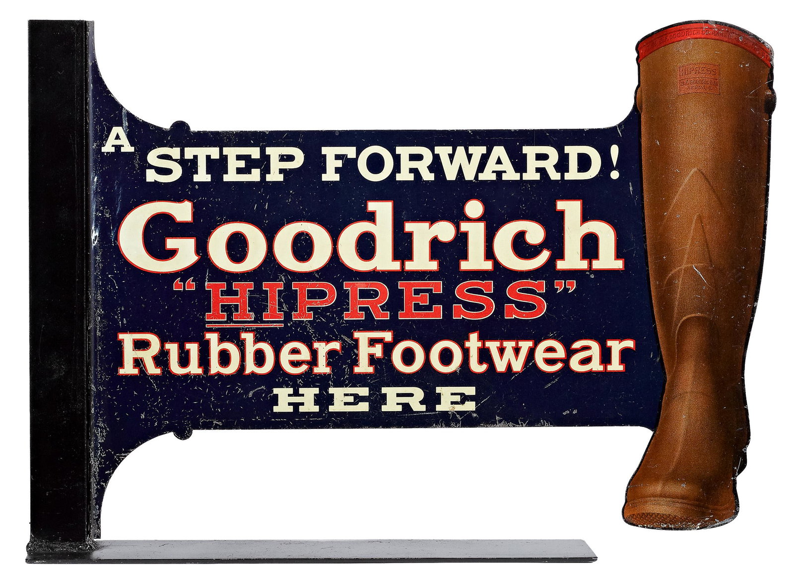 Goodrich Hipress Rubber Footwear sign: Goodrich Hipress Rubber Footwear tin lithograph advertising flange sign, ca. 1940, double sided, mounted to a contemporary stand, 13 5/8'' h., 18'' w. Provenance: A Pennsylvania collection.