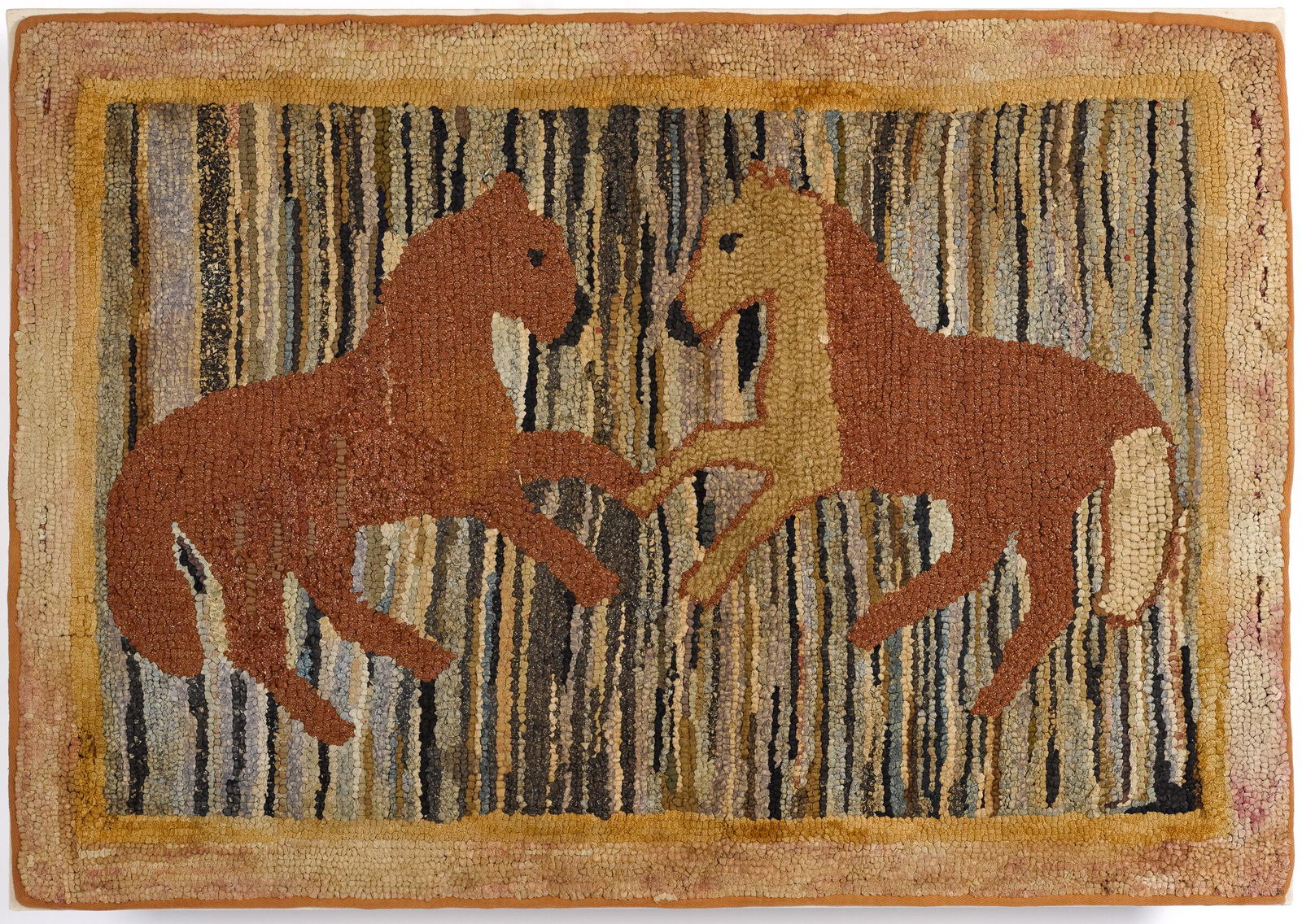 Rearing horse hooked rug: Rearing horse hooked rug, late 19th c., with a variegated background, 28'' x 40''. Provenance: A Maryland collection.