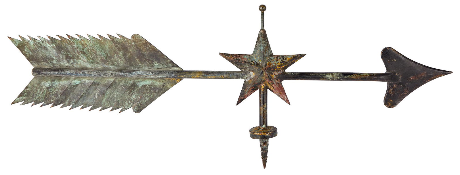 Copper arrow and star weathervane: Copper arrow and star weathervane, 19th c., retaining an old weathered surface, 34 1/4'' l. Provenance: Collection of Mr. and Mrs. Dennis Cox, Pennsylvania.