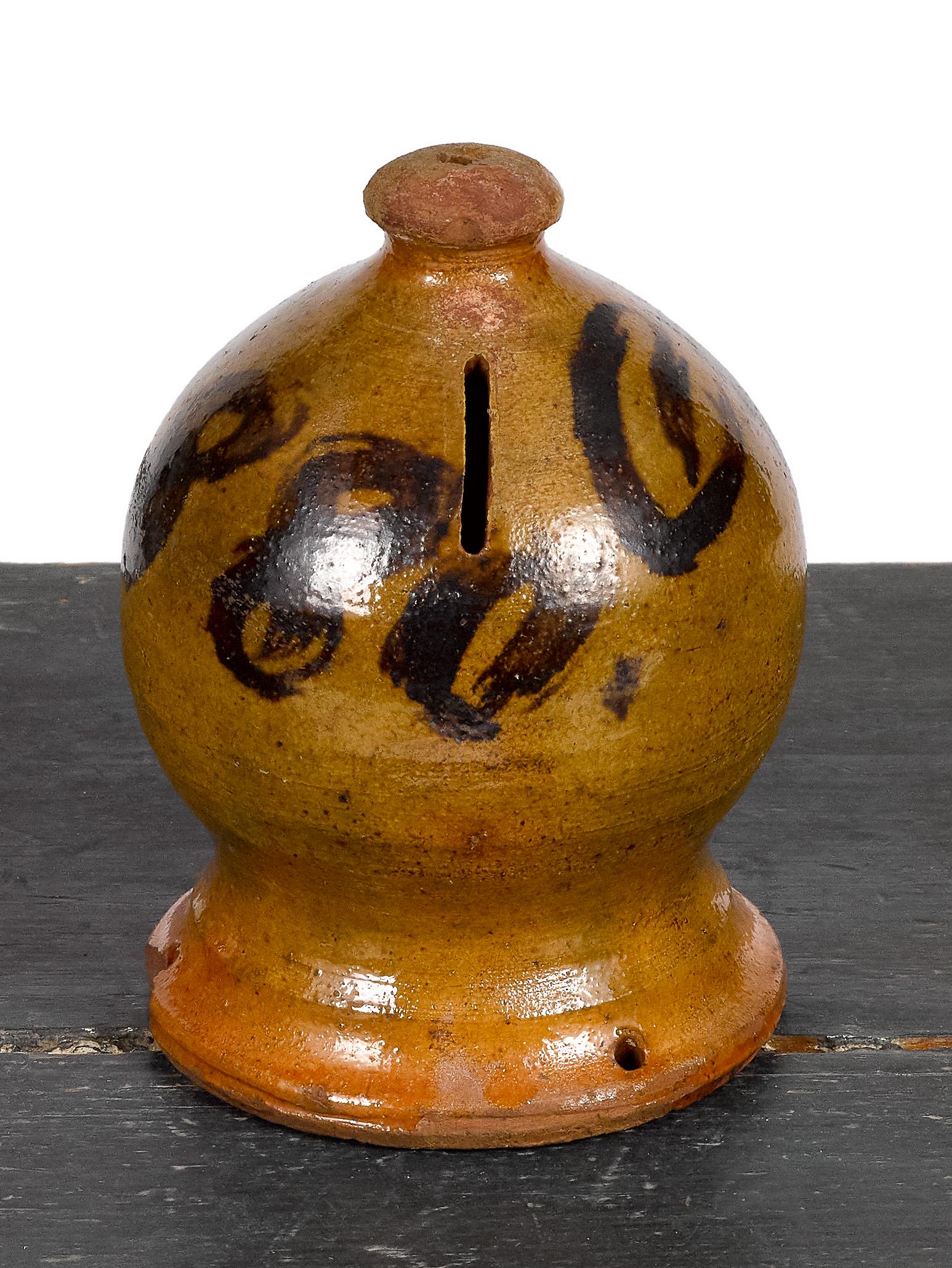 Redware bank: Redware bank, dated 1880, initialed indistinctly, 5'' h.