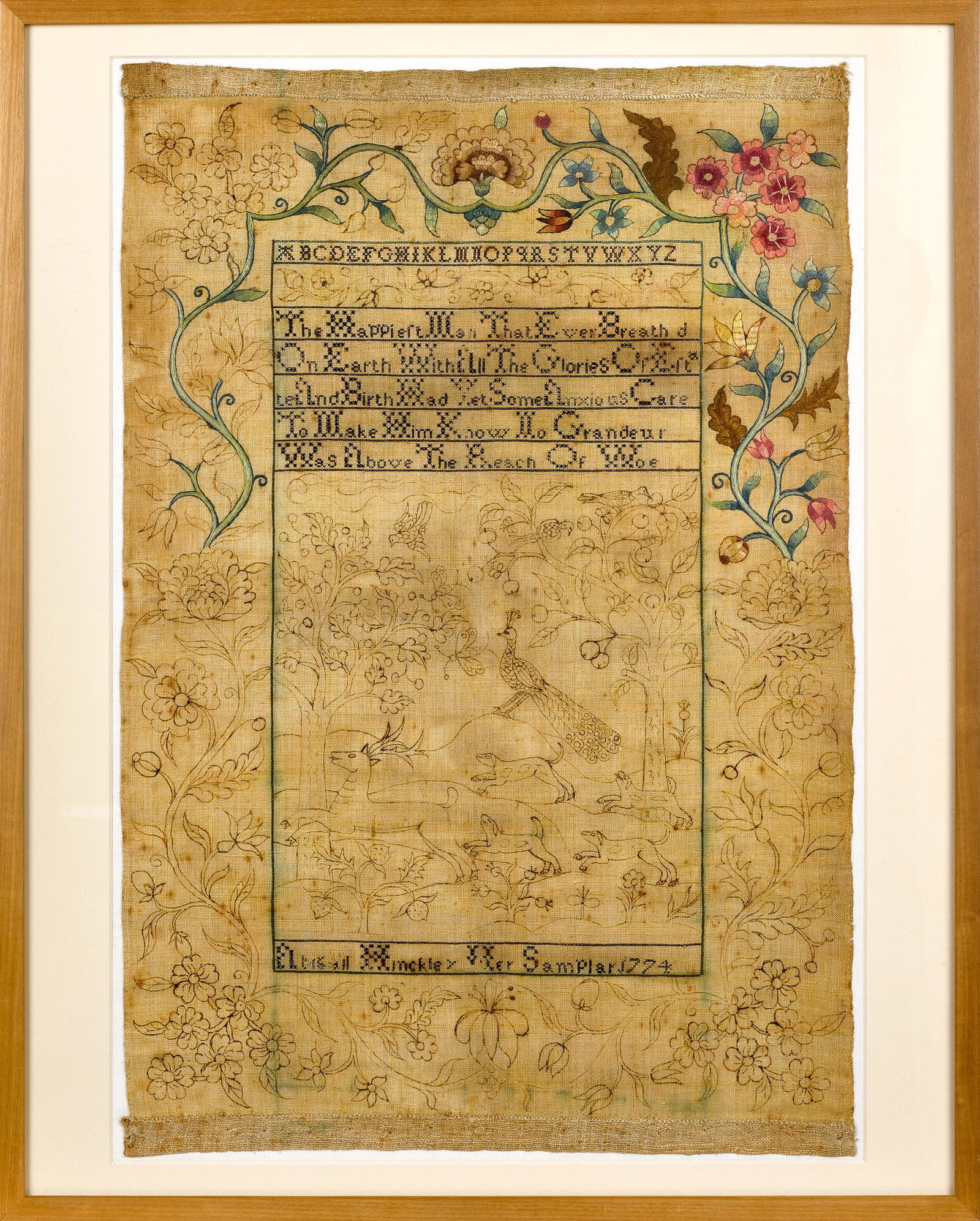 Unfinished Massachusetts silk on linen sampler: Fine unfinished Massachusetts silk on linen sampler, dated 1774, wrought by Abigail Hinckley, a portion of the outside border exquisitely finished, the remainder with the outline detailing a dramatic 