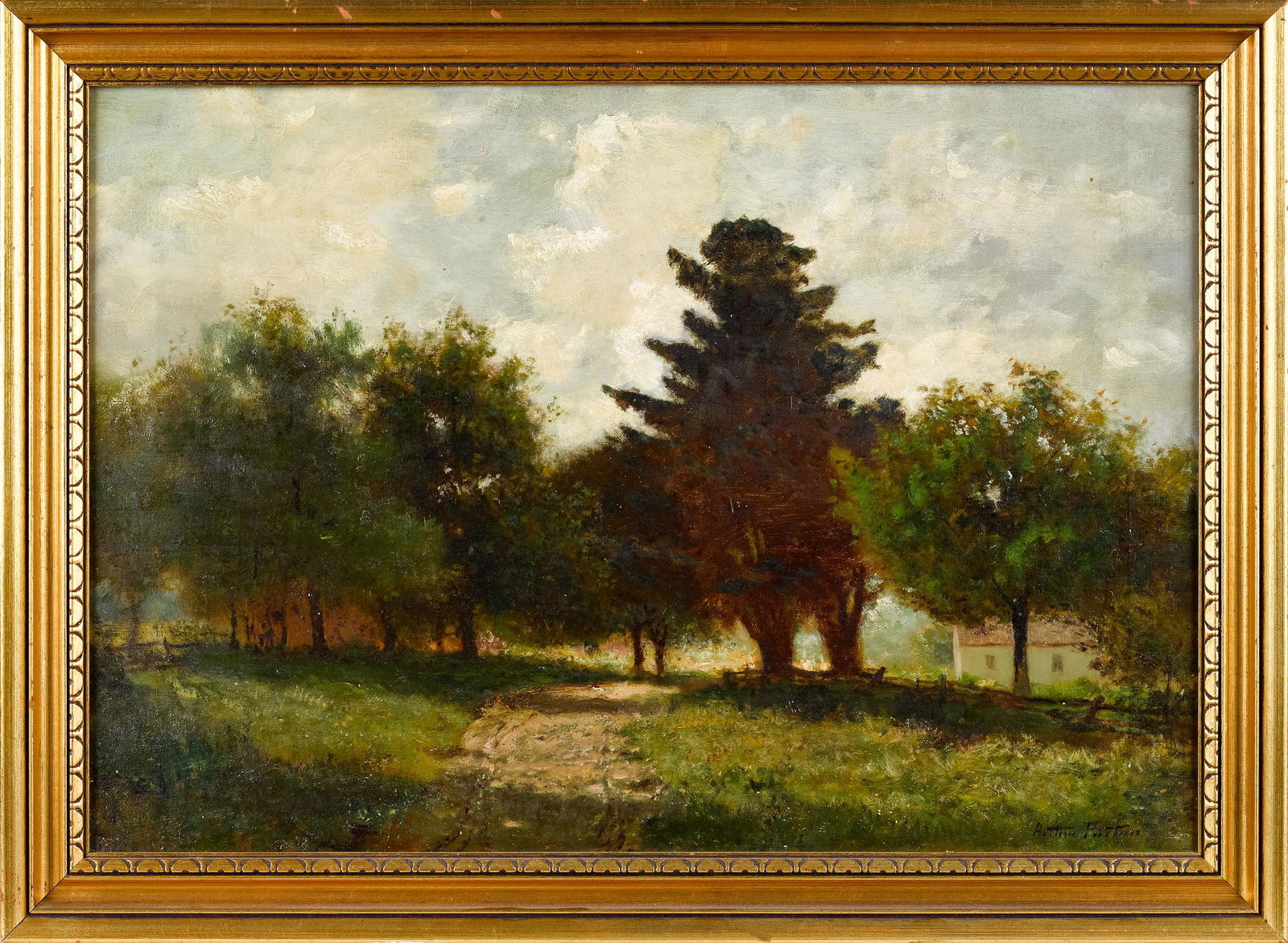 Arthur Parton, oil on canvas landscape: Arthur Parton (American 1842-1914), oil on canvas landscape, with a cottage, signed lower right, 18'' x 26''. Provenance: A Pennsylvania family.