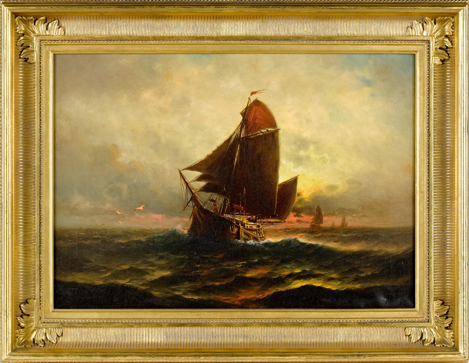 Theodore Valenkamph, oil on canvas sunset seascap: Theodore Valenkamph (American/Sweden 1868-1924), oil on canvas sunset seascape, signed lower right, 14'' x 20''.