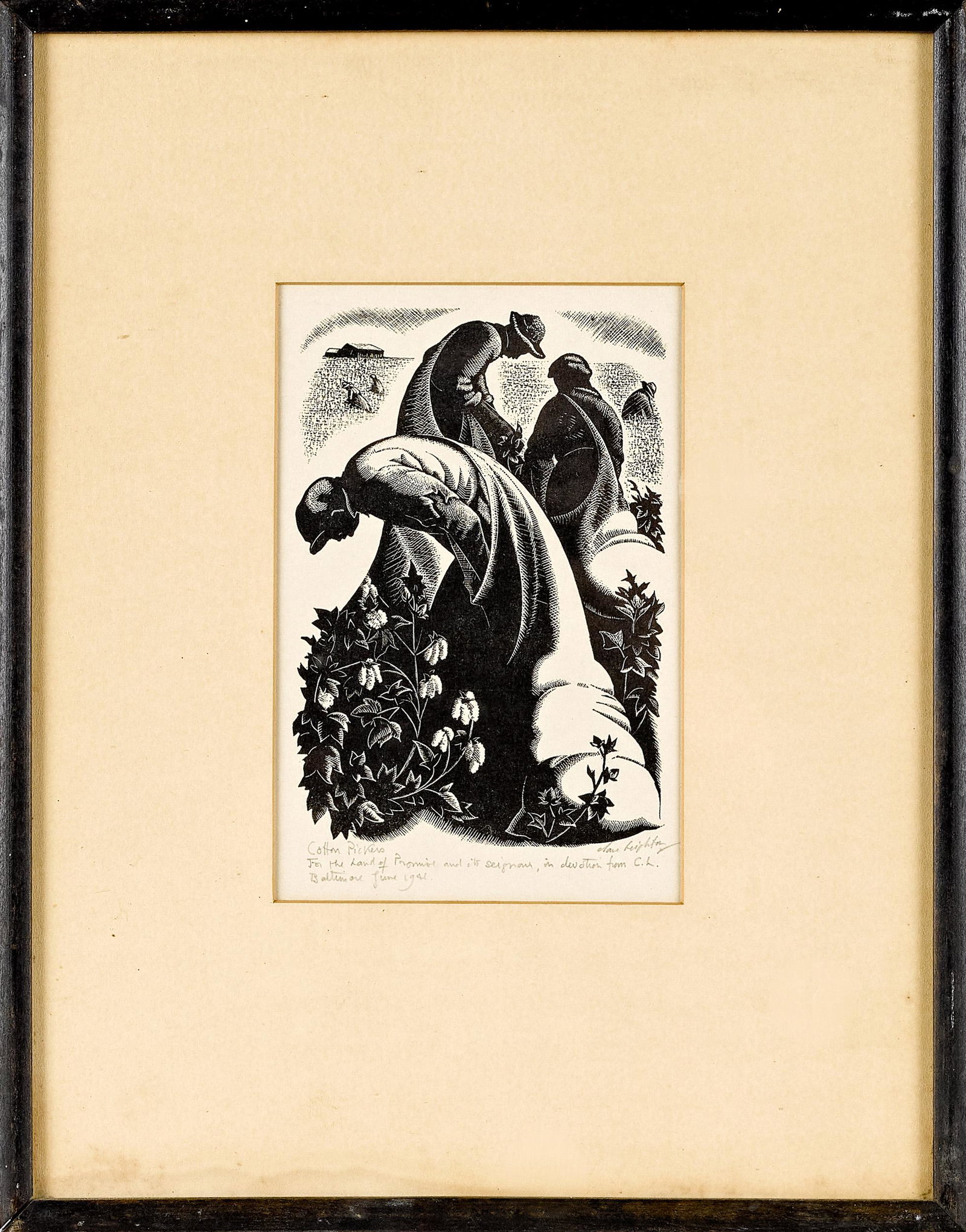 Clare Leighton, wood engraving: Clare Leighton (British/American 1898-1989) wood engraving, titled Cotton Pickers, signed and inscribed, 6 1/2'' x 4 1/4''. Provenance: A Maryland estate.