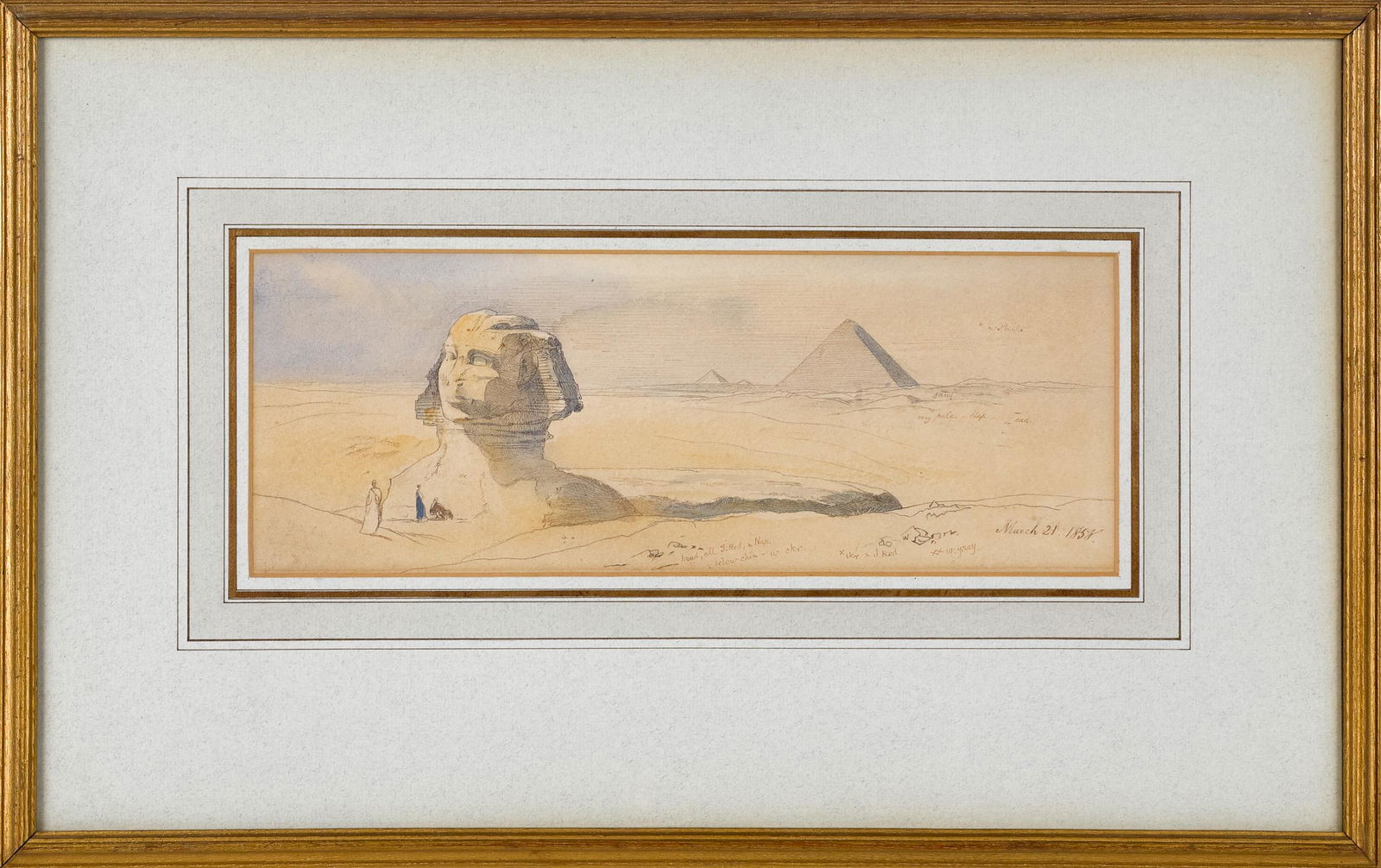 Edward Lear, pencil, brown ink and watercolor: Edward Lear (English 1812-1888), pencil, brown ink and watercolor, titled on a Spink & Son Ltd. label on verso The Great Sphinx of Chephren at Giza, dated March 21, 1858, with small color notes inscri