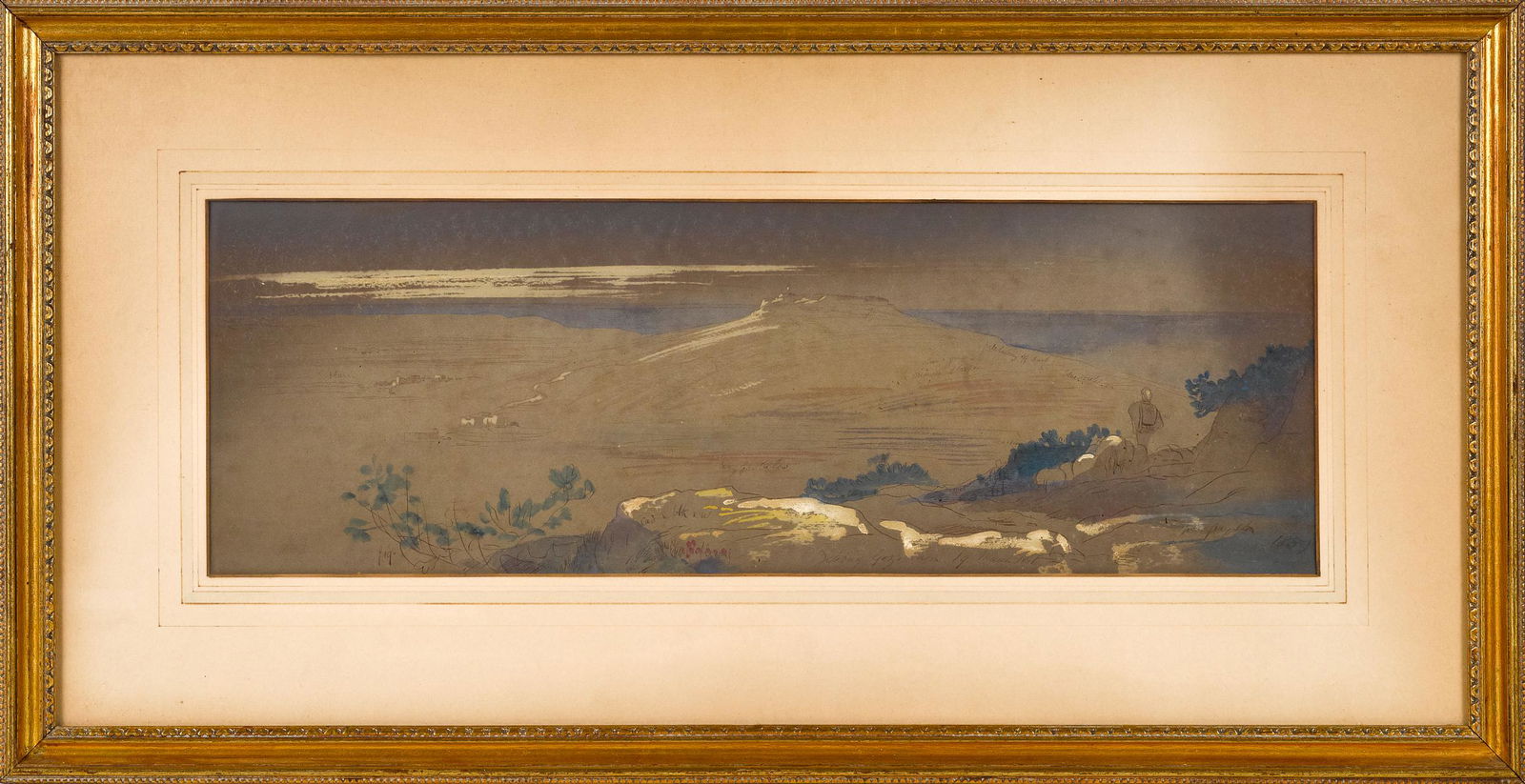 Edward Lear, landscape: Edward Lear (English 1812-1888), pencil, brown ink and watercolor landscape, titled Zebbug Gozo noon Lq March 1866, dated lower right 1851, with small ink color notations, 7'' x 21''. Provenance: Coll