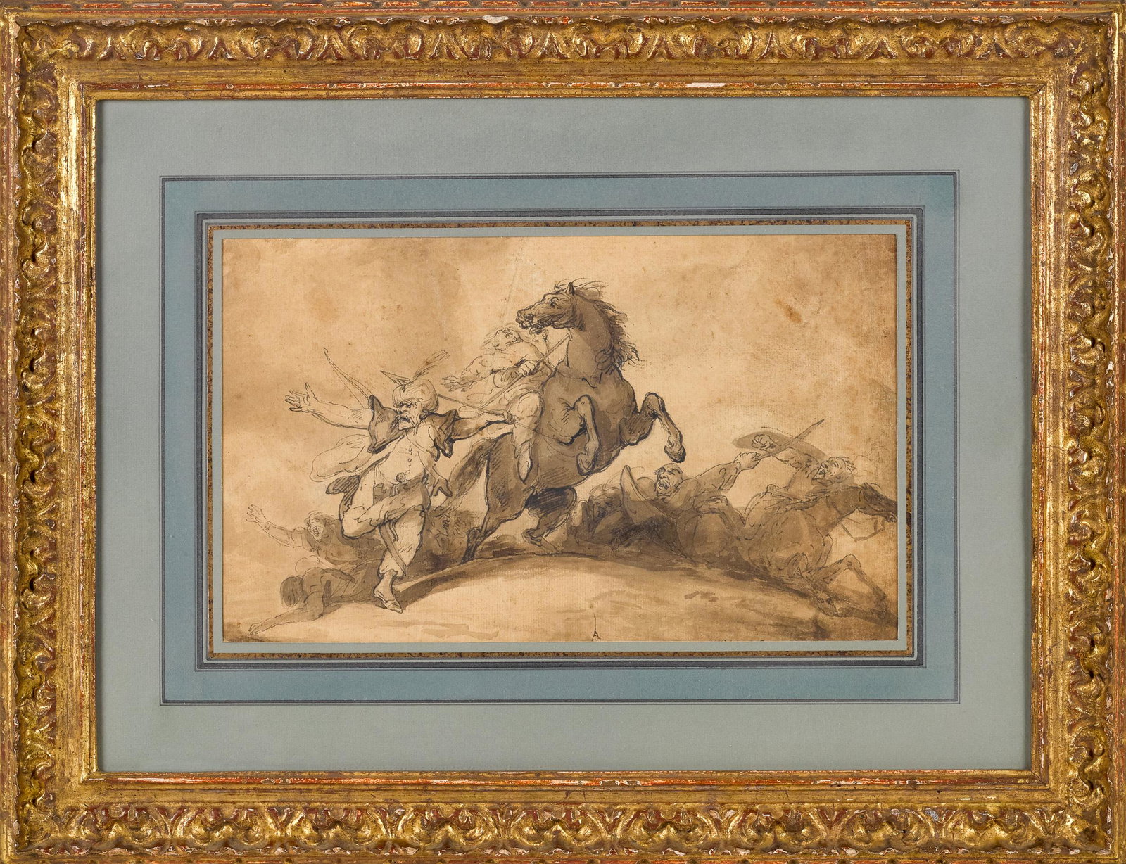 Thomas Rowlandson, pen and sepia watercolor: Thomas Rowlandson (English 1756-1827), pen and sepia watercolor, retaining a Garick Fine Arts Inc. label on verso, titled Cavalry Charge - viewed by Victoria and Albert curators with approval, 8 1/4''