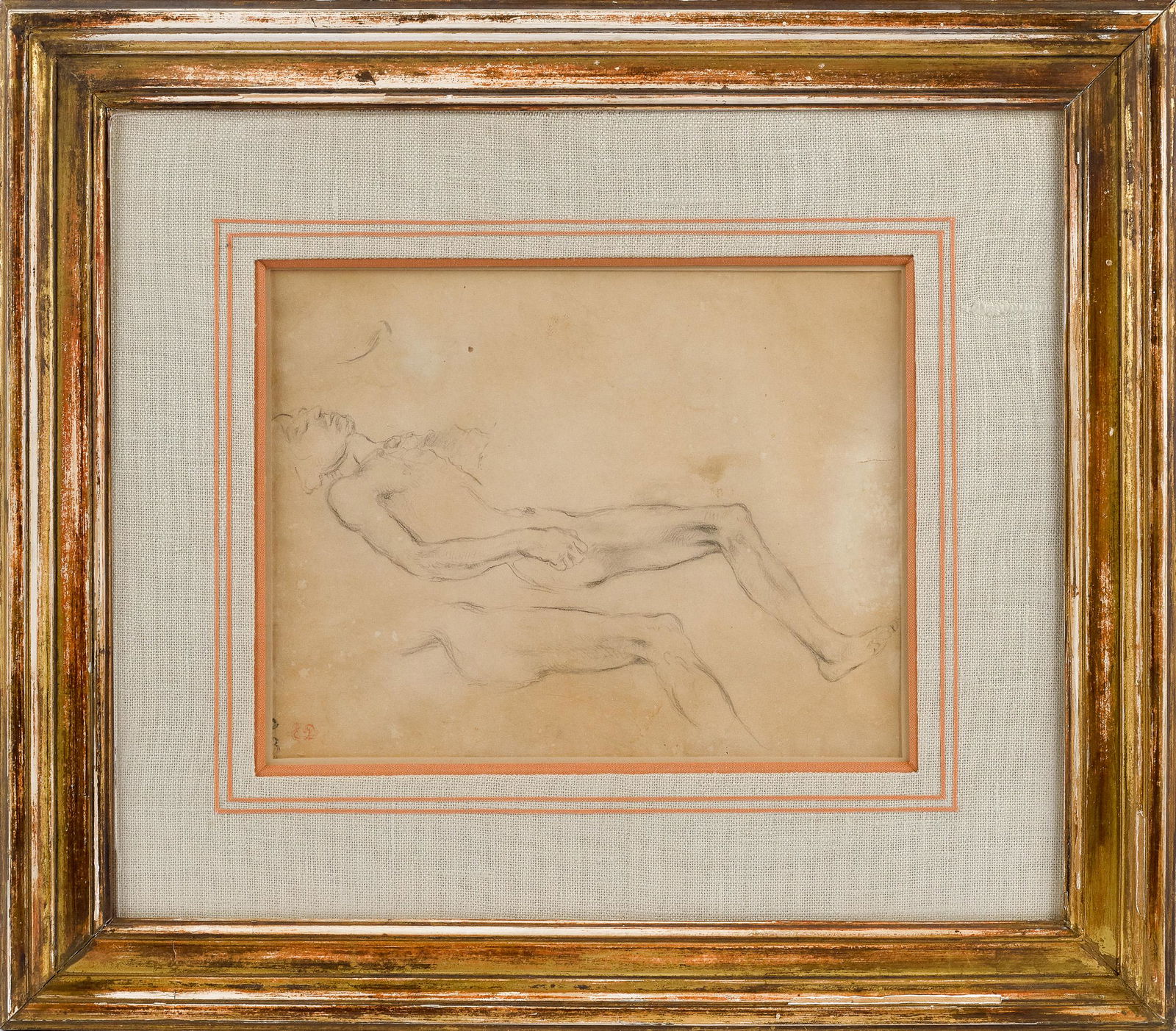 Eugene Delacroix, reclining male nude: Eugene (Ferdinand Victor) Delacroix (French 1798-1863), graphite on paper of a reclining male nude, with second leg and partial torso below, monogramed ED in red in bottom left corner, 7 3/4'' x 10 1/