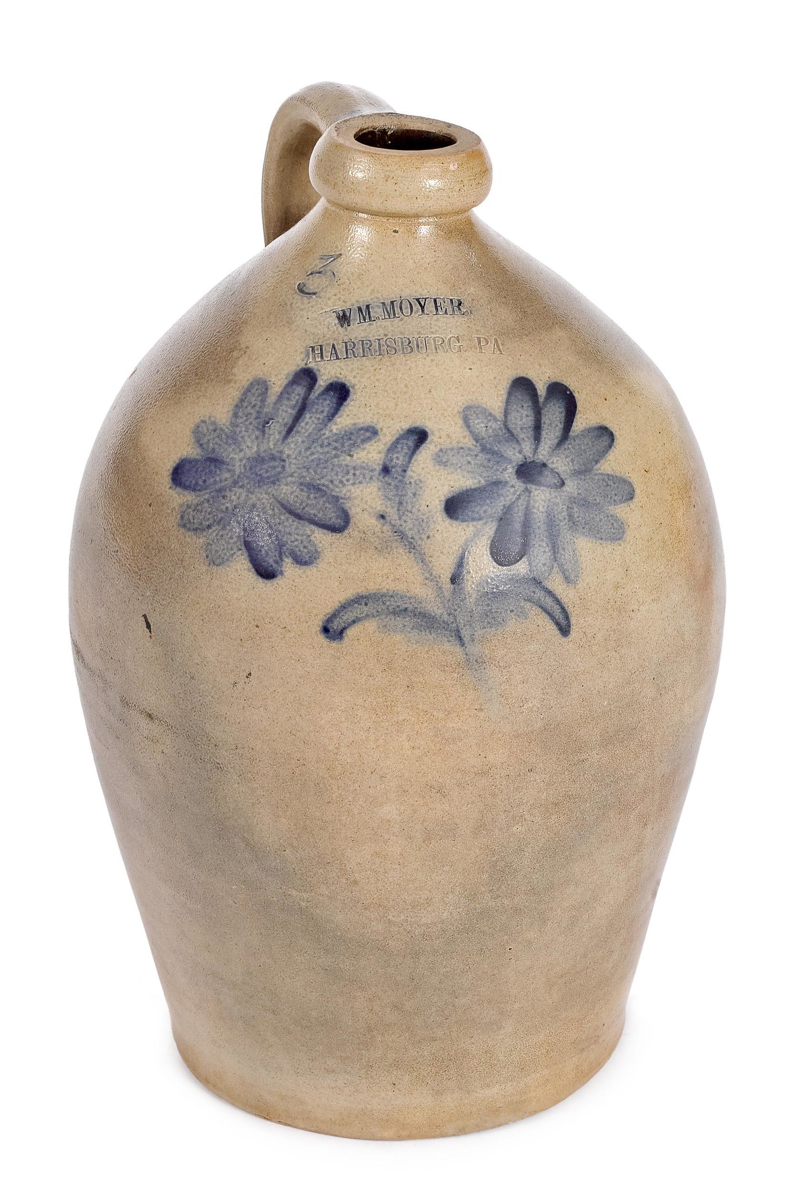 Pennsylvania three-gallon stoneware jug: Pennsylvania three-gallon stoneware jug, 19th c., impressed Wm. Moyer Harrisburg, PA, with cobalt daisy decoration, 16'' h.