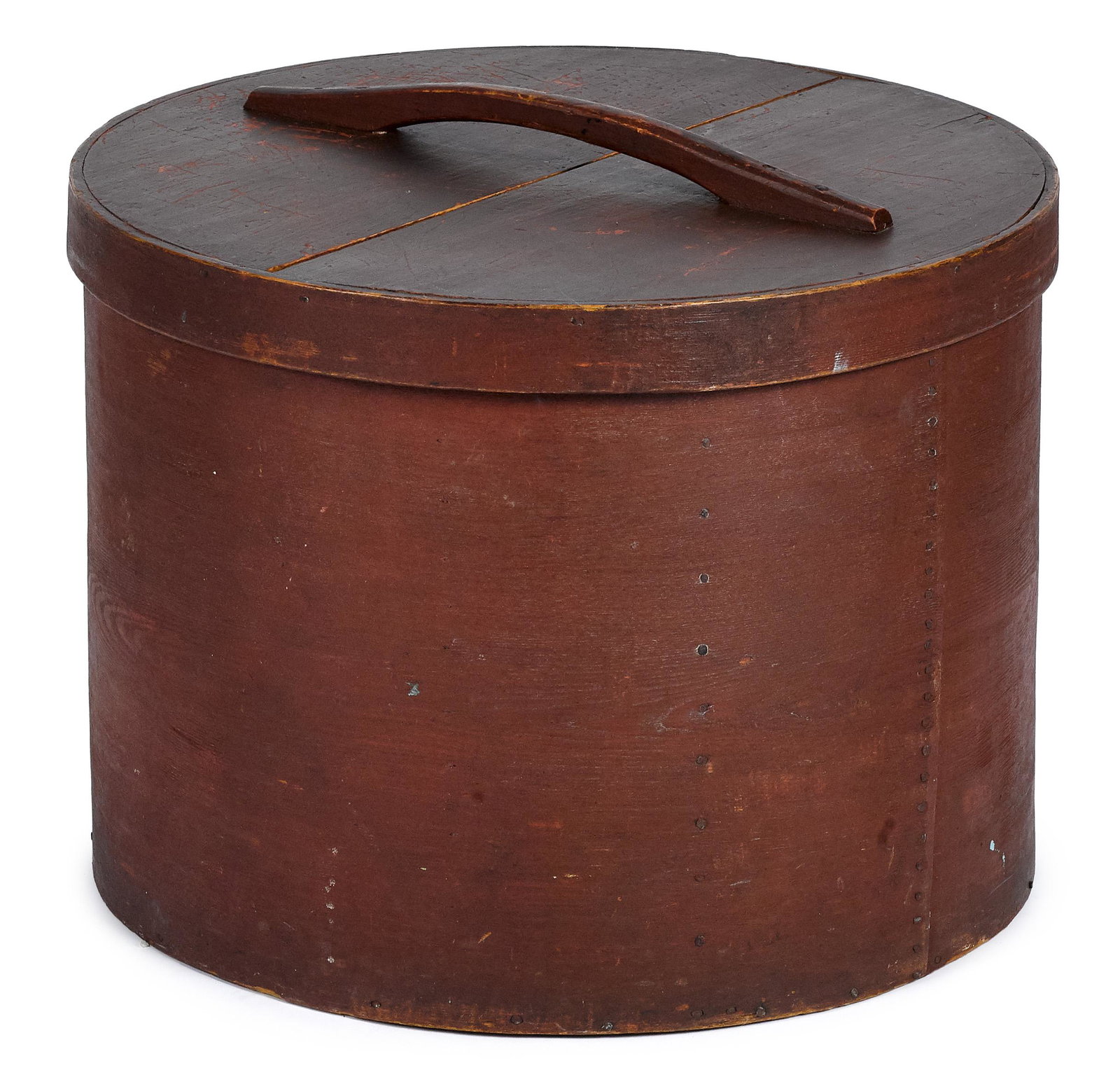 Oversized painted bentwood storage box, 19th c.: Oversized painted bentwood storage box, 19th c., retaining the original red surface, 19 1/2'' h., 23'' w. Provenance: A Maryland collection.