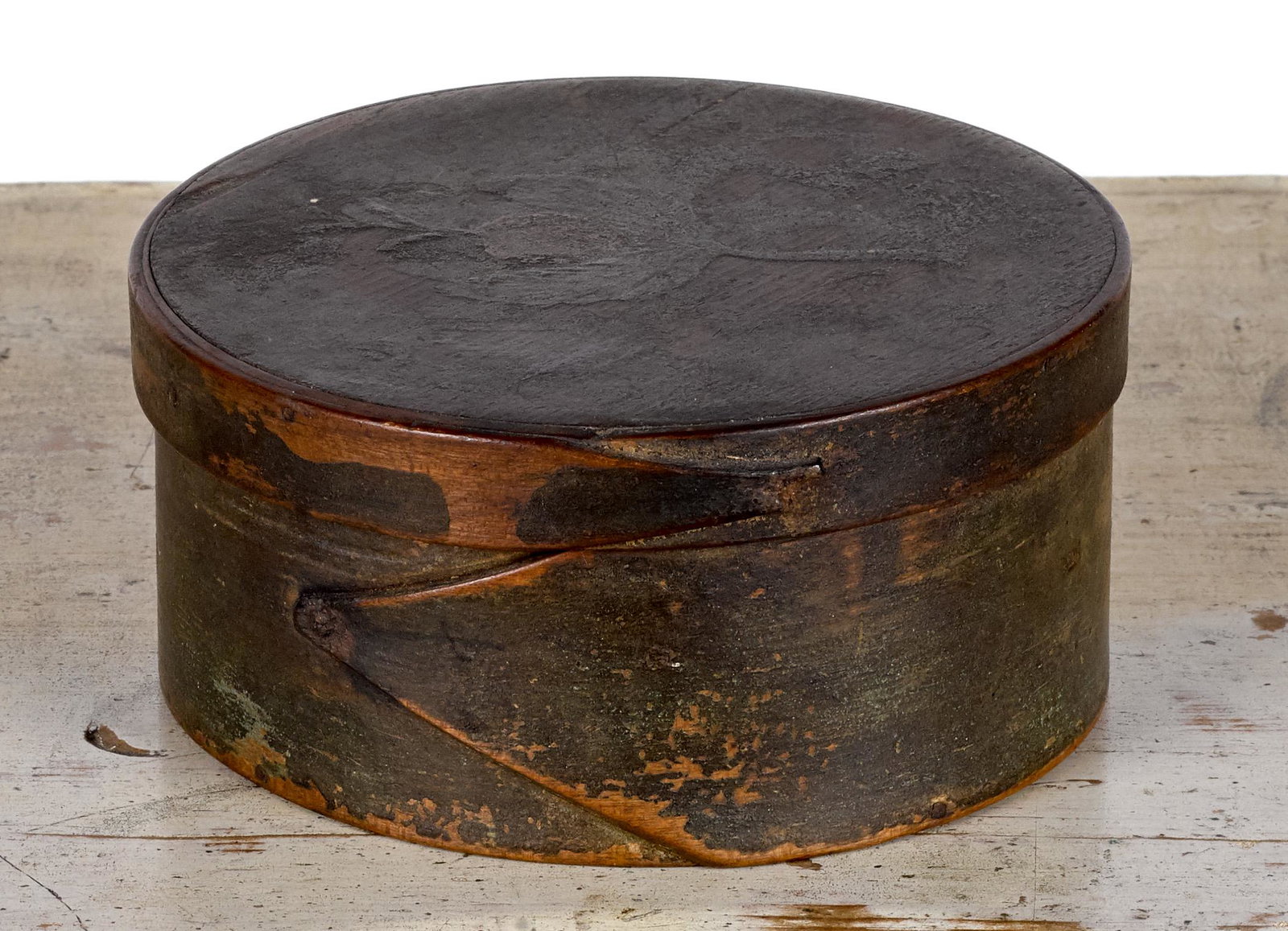 New England painted pantry box, 19th c.: New England painted pantry box, 19th c., with floral decoration on a blue/green background, initialed DB on underside, 2 1/2'' h., 5'' dia.