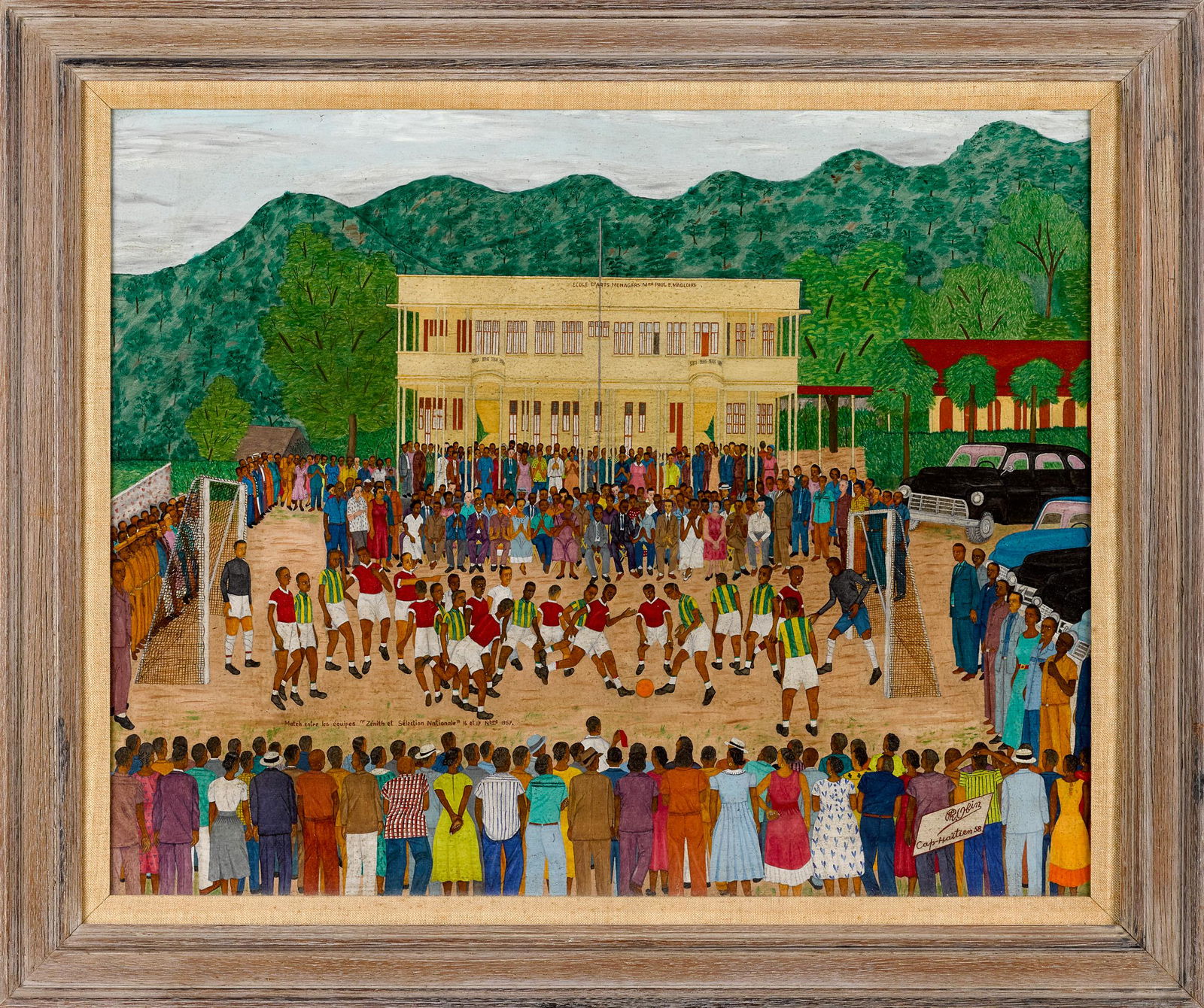 Philome Obin, oil on board: Philome Obin (Haitian 1892-1986), oil on board of crowds watching a soccer match, signed lower right and dated '58, 24'' x 30''. Purportedly it hung in the Haitian tourism office in New York City. Pro