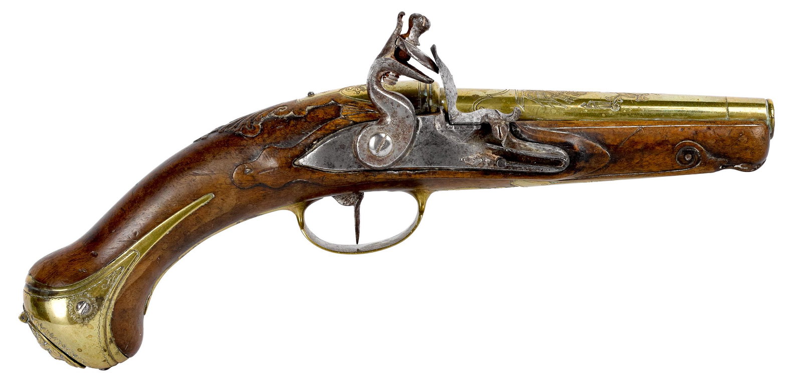 Continental flintlock tinder candle lighter: Continental flintlock tinder candle lighter, late 18th c., with walnut stock and brass fittings, 11 1/2" l. Provenance: A prominent Delaware collector.