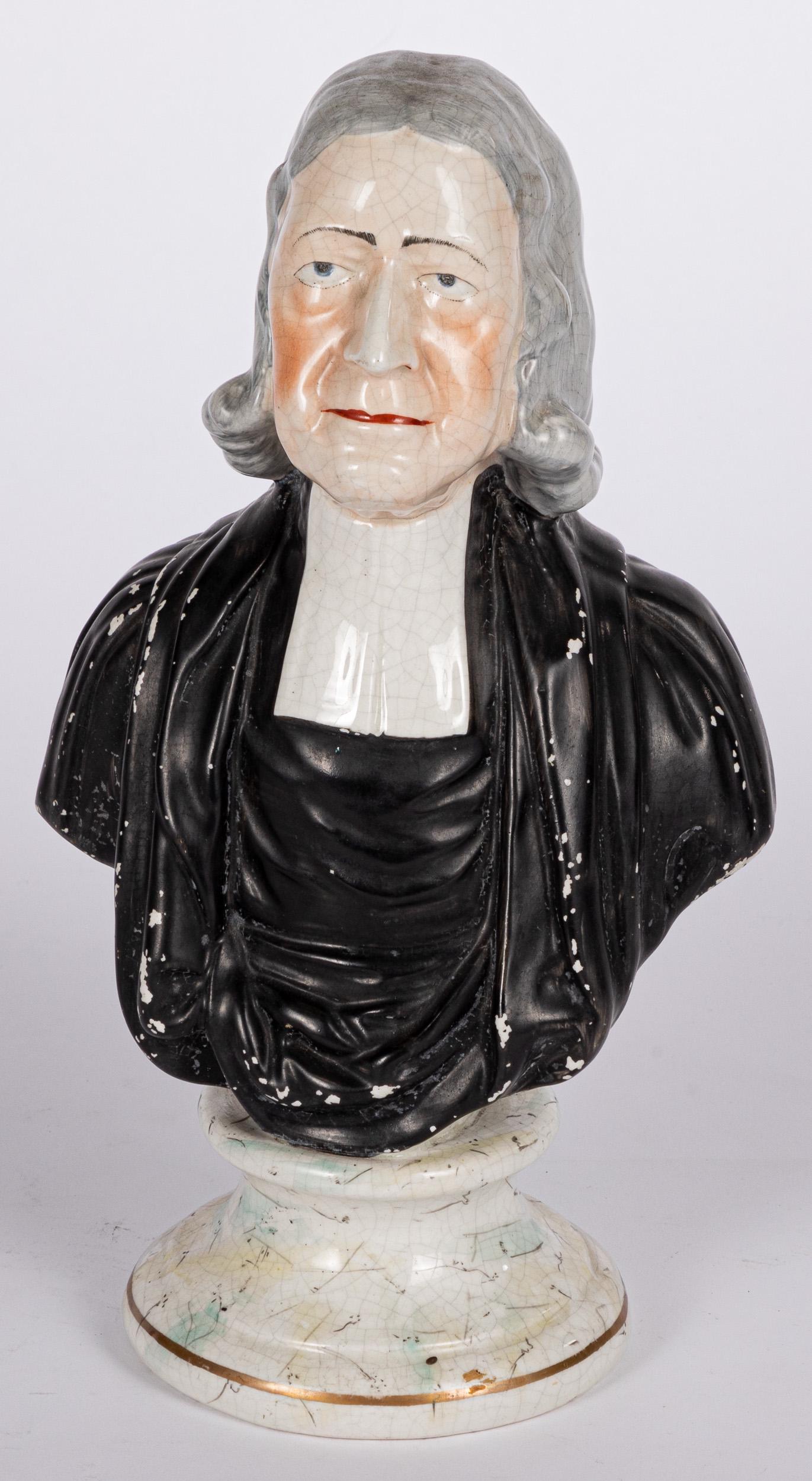Staffordshire bust of John Wesley: Staffordshire bust of John Wesley, 19th c., 12'' h.