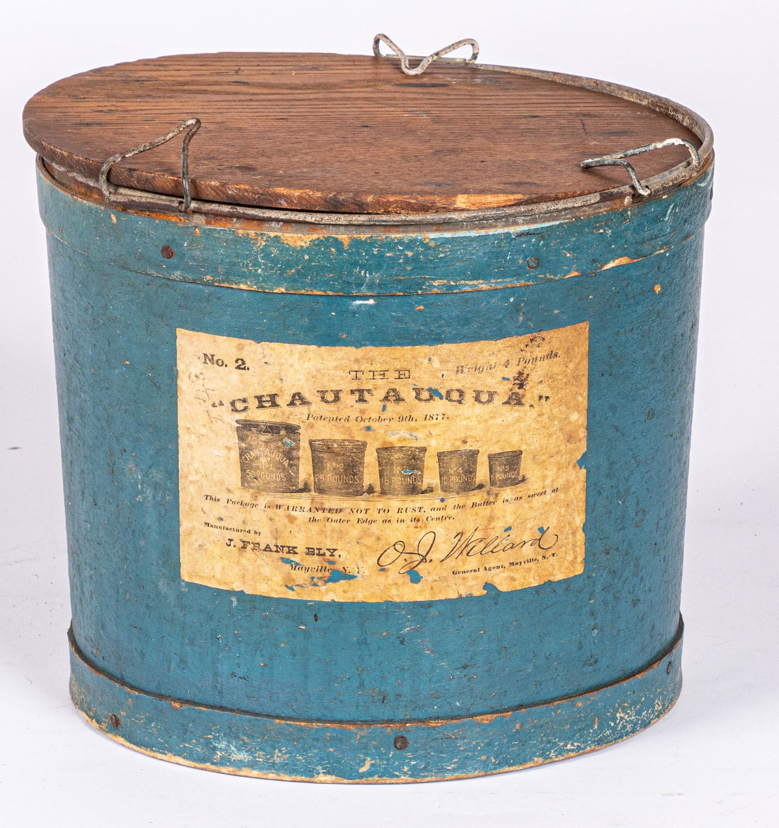 Painted pressboard Chautauqua bucket: Painted pressboard Chautauqua bucket by J. Frank Bly, 9 1/4'' h.