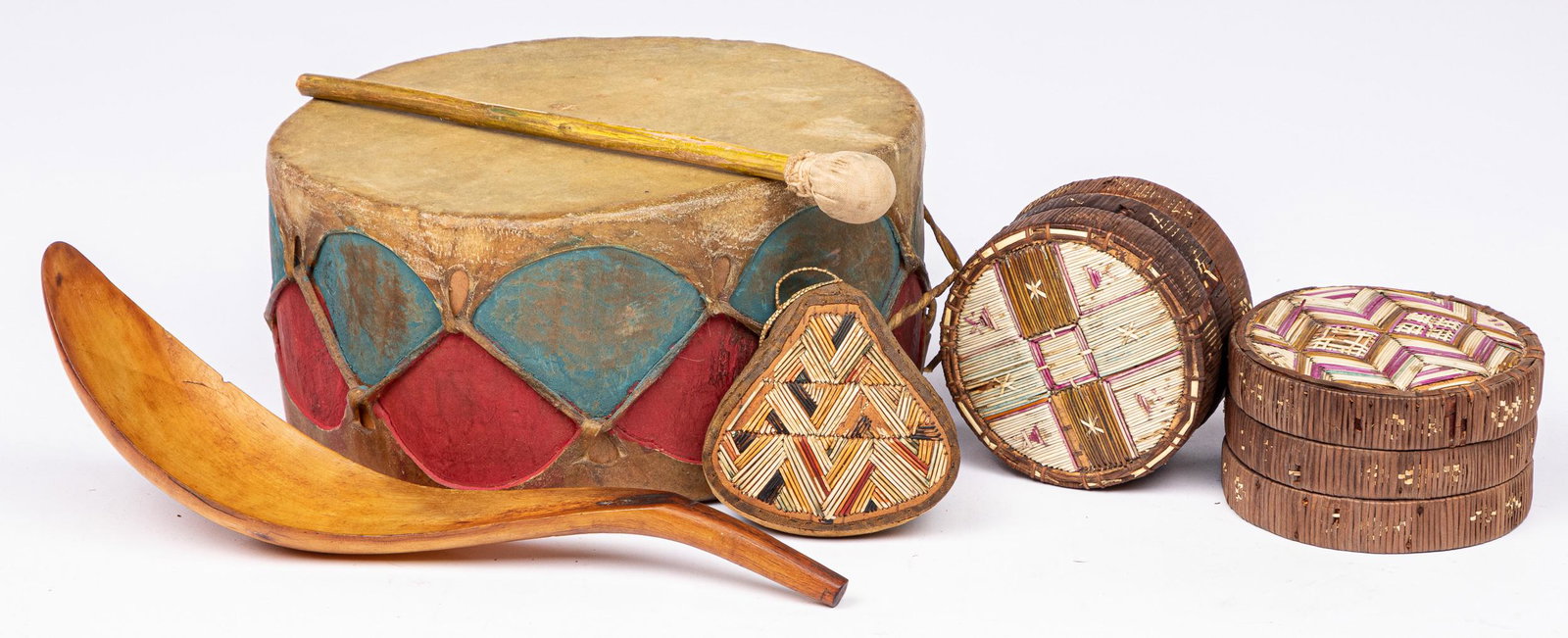 Native American hide drum, etc.: Native American hide drum, together with a horn scoop, two quillwork boxes and a quill ornament.