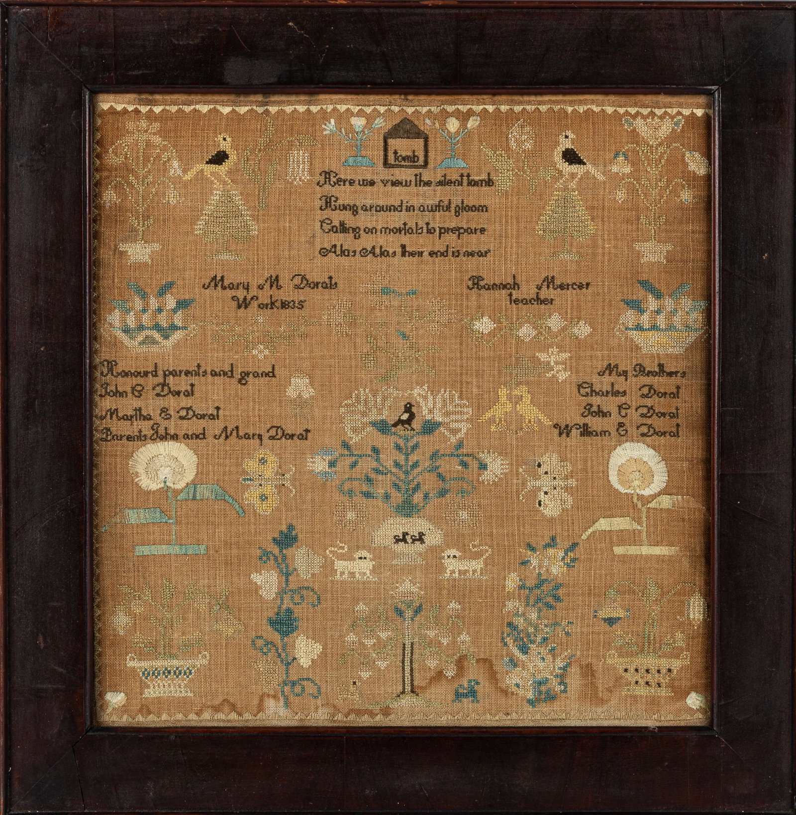 Pennsylvania silk on linen sampler: Pennsylvania silk on linen sampler, dated 1835, wrought by Mary Doral under the instruction of Hannah Mercer, 17'' x 16 1/2''.