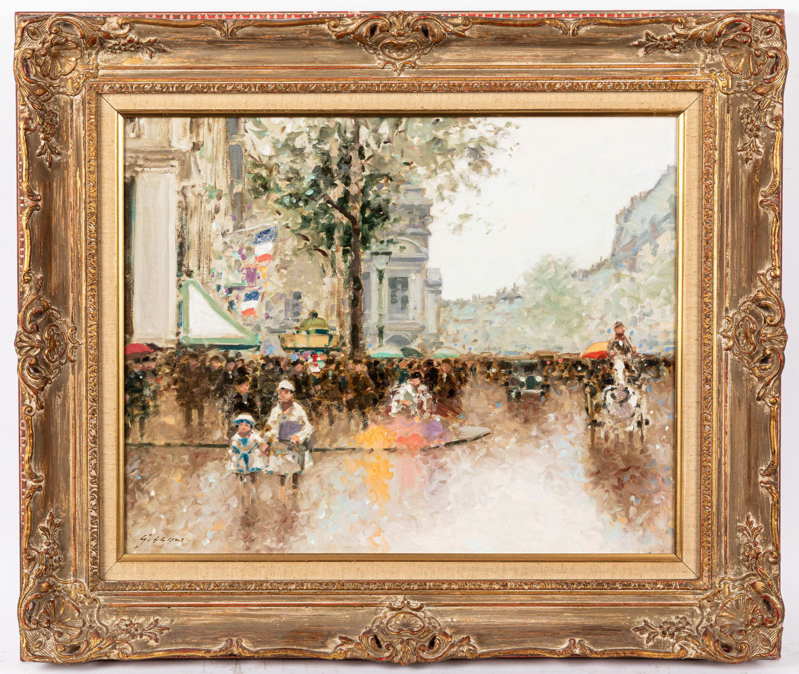 Andre Gisson (French/American 1921-2003): Andre Gisson (French/American 1921-2003), oil on canvas Parisian scene, signed lower left, 16'' x 20''.