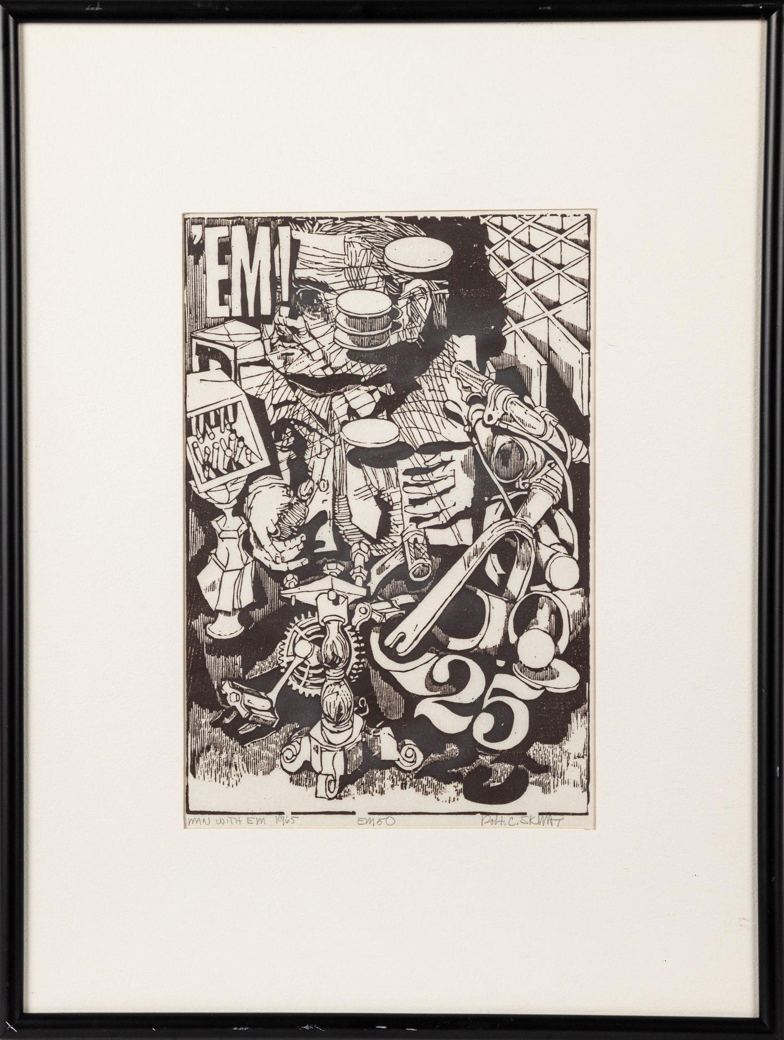 Three printed works: Three printed works to include Man With Em, signed Robert Sk___, Mother + Children, signed Roberta L__ and an abstract nude by Jeremy Gentilli.