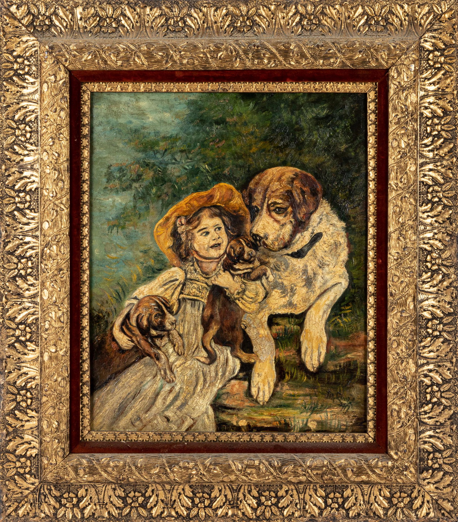 Oil on canvas: Oil on canvas of a young girl with a dog and puppies, signed F. Connor, 22'' x 18''.