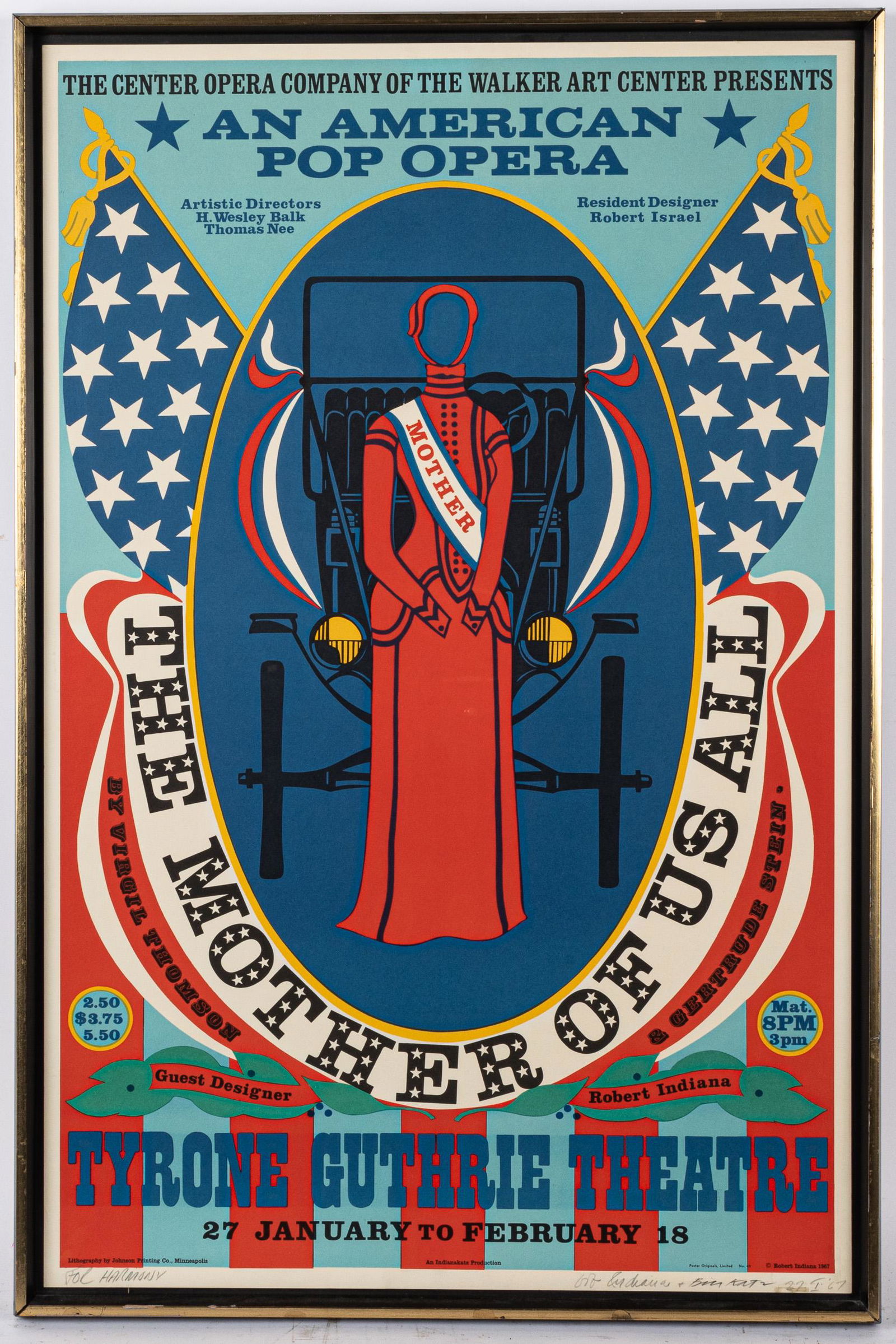 Robert Indiana signed poster: Robert Indiana signed Mother of Us All poster, 37'' x 24''.