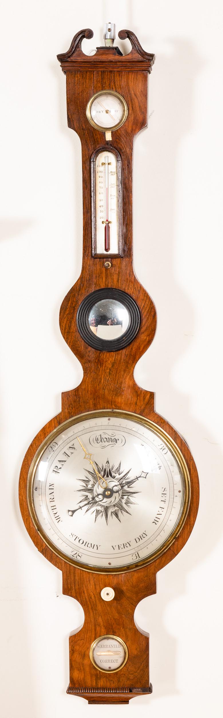 English rosewood veneer banjo barometer: English rosewood veneer banjo barometer, 19th c., 43'' .h