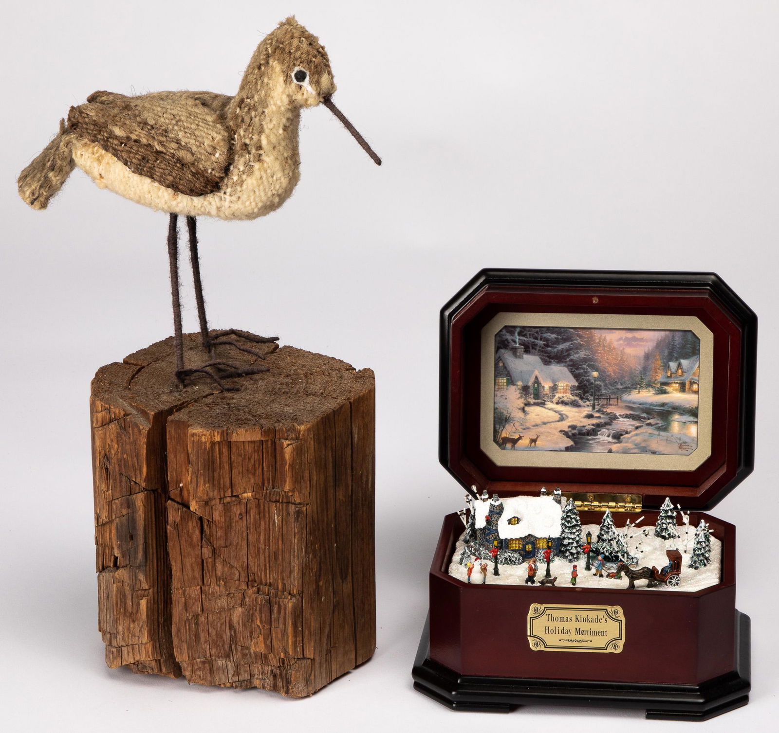 Thomas Kinkade music box, etc.: Thomas Kinkade music box, 7'' w., together with a fabric shorebird mounted to a stump.