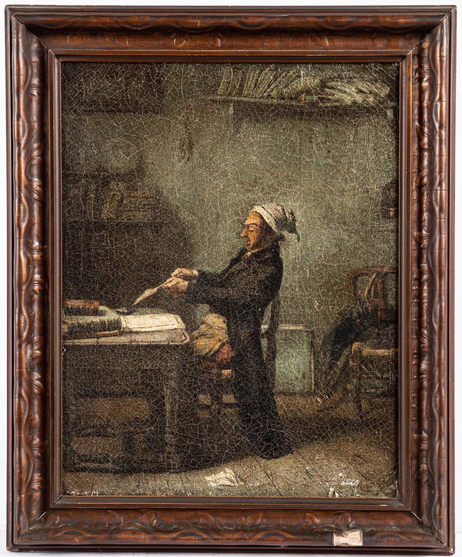 Two Continental oil on canvas works: Two Continental oil on canvas works, 19th c., one of a man with a violin, by J. Marion, the other of an interior scene with a seated man, by Meerto, 12'' x 8'' and 16'' x 12 3/4''.