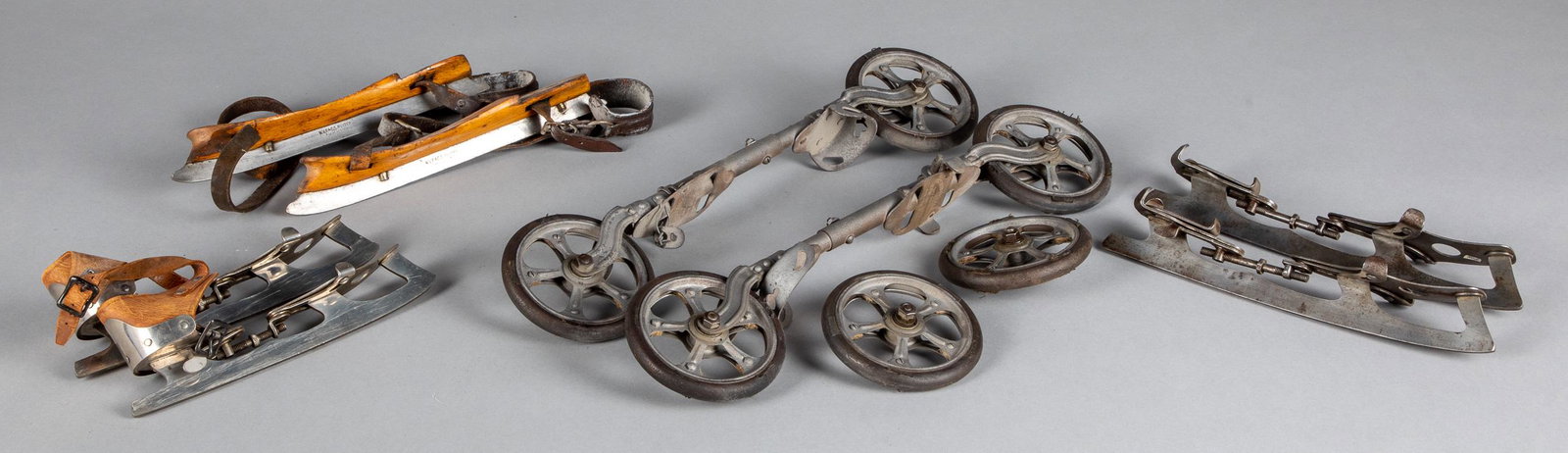Collection of ice skates, etc.: Collection of ice skates, 19th/20th c., to include a European pair with wood soles and two pairs of Peck & Snyders, together with a rare pair of Automobile Cylce Skate by John Jay Young, patented 1905