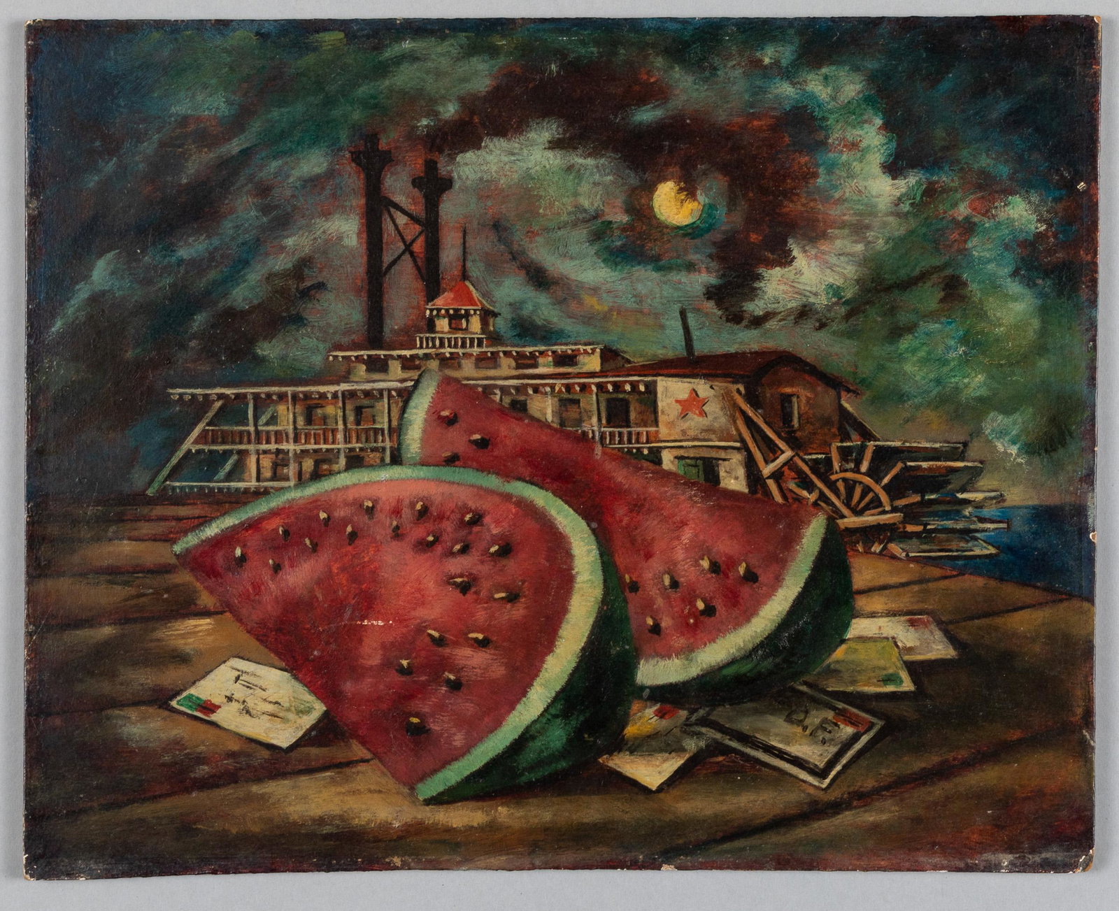 Donald Forbes (American 1905-1951): Donald Forbes (American 1905-1951), oil on artist board, titled Watermelon & Steamboat, initialed in lower right, signed and dated verso 1939, 11 1/2'' x 14 1/2''.