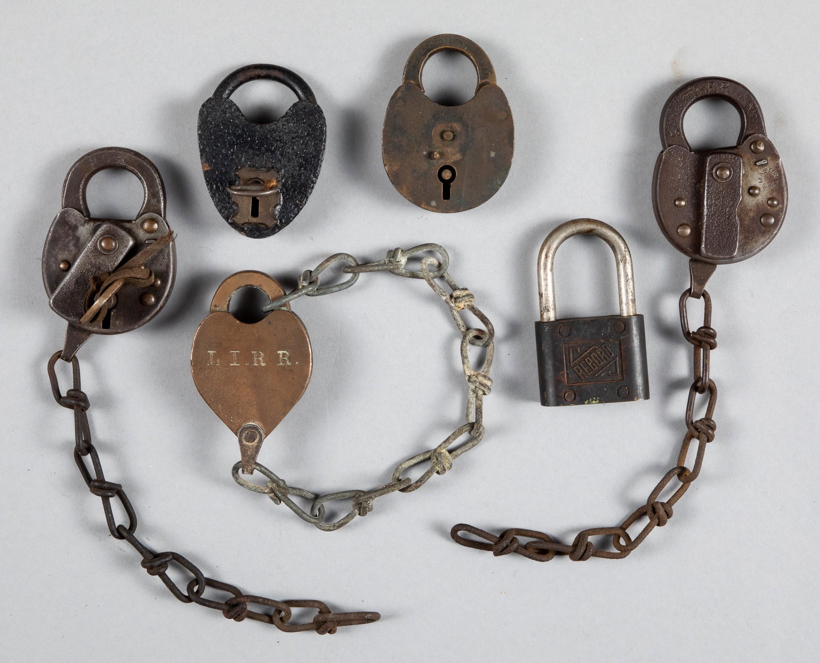 Six padlocks, 19th/20th c.: Six padlocks, 19th/20th c., to include three railroad examples, one LIRR and two PRR.