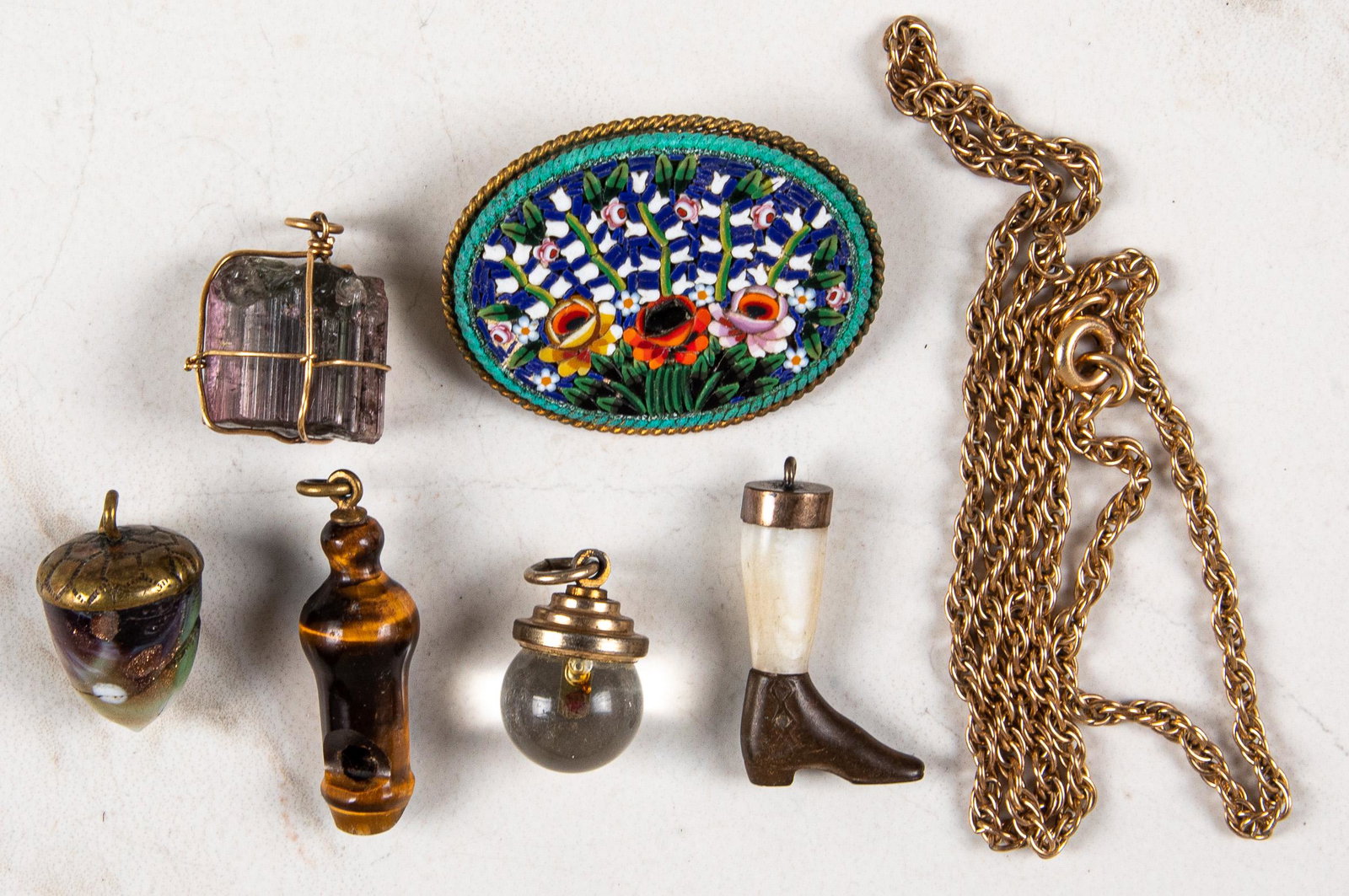 Group of antique jewelry: Group of antique jewelry, to include a group of charms, a micromosaic brooch, stamped Italy, 5/8'' l. and a 10K gold necklace, 4.3 dwt.