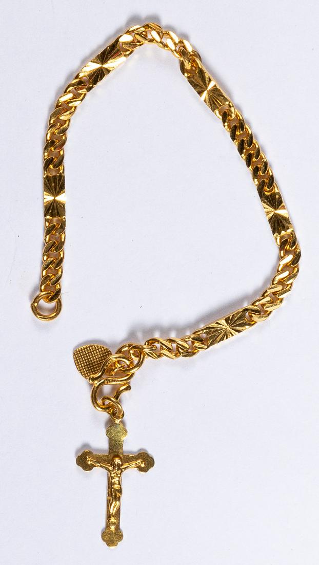 22K or 24K gold bracelet with cross pendant: 22K or 24K gold bracelet with cross pendant, 13.6 dwt.