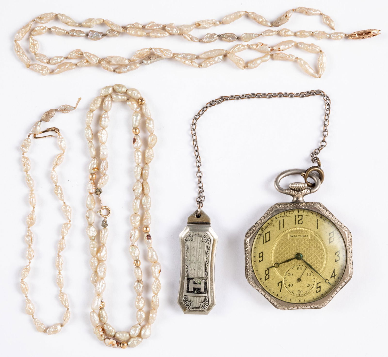Two abalone necklaces, etc.: Two abalone necklaces, with 14K gold mounts, together with a Waltham pocket watch.