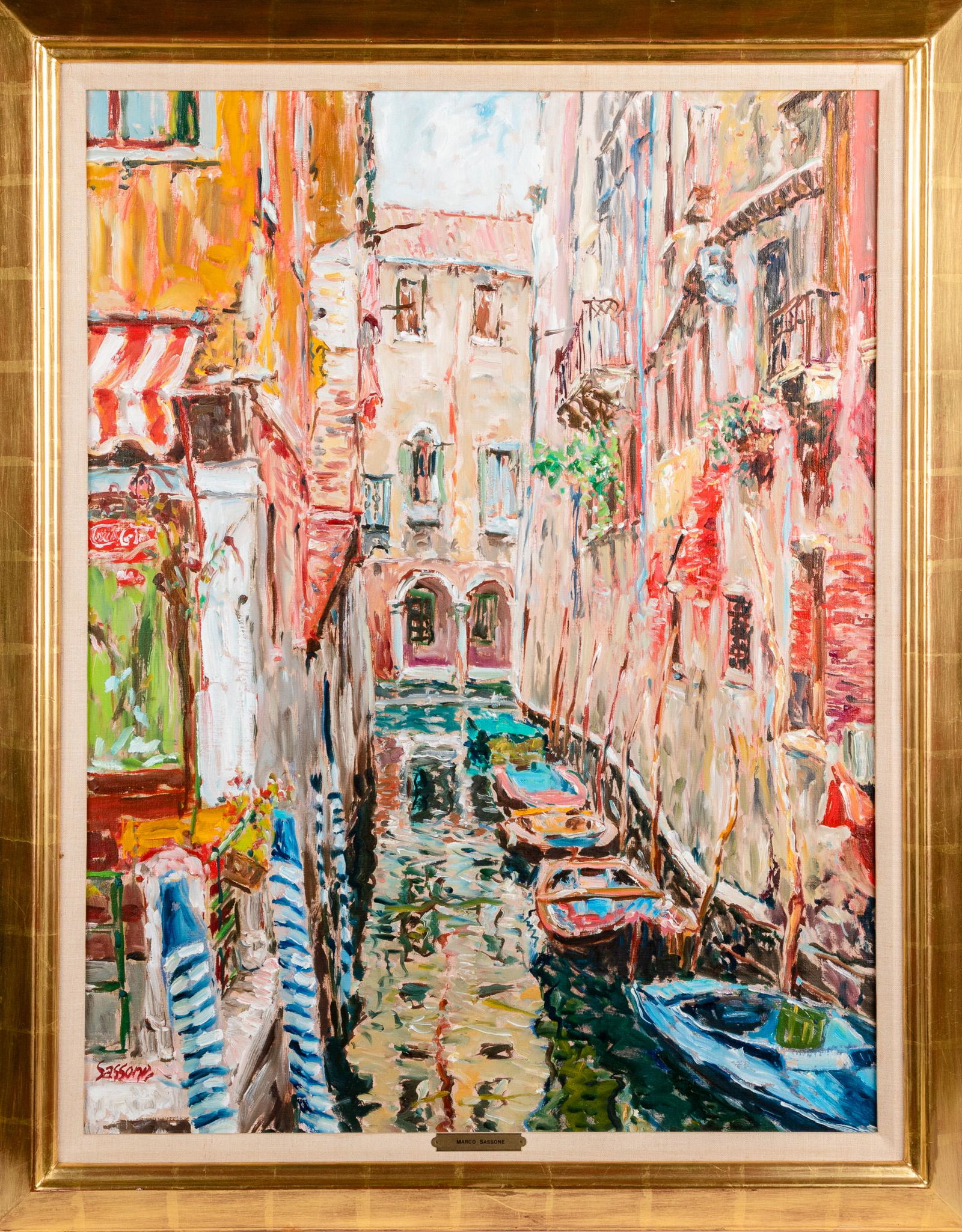 Marco Sassone oil on canvas of a Venetian canal: Marco Sassone (American/Canadian b. 1942), oil on canvas of a Venetian canal, signed lower left, 36'' x 28''.