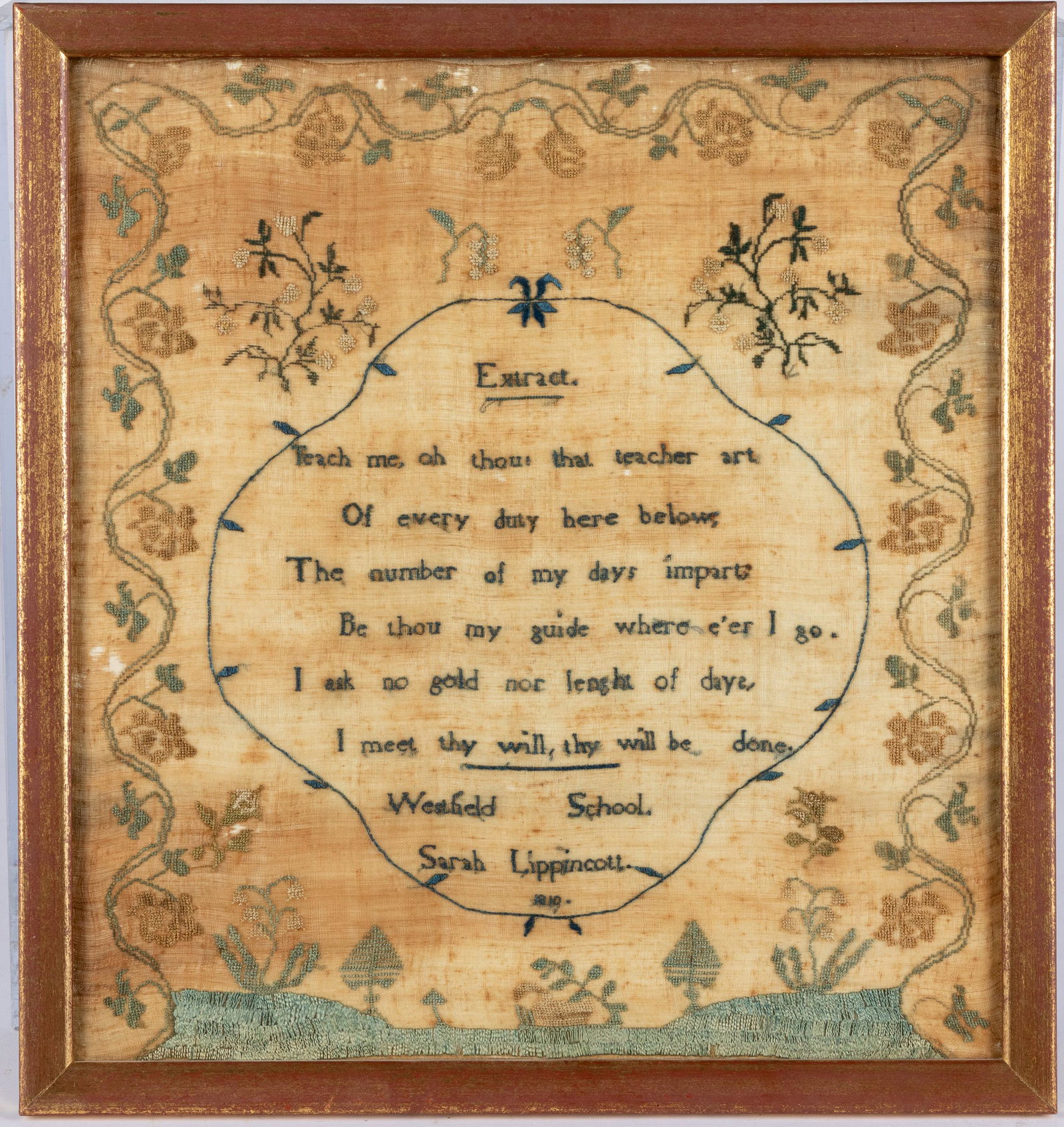 Silk on linen Quaker sampler: Silk on linen Quaker sampler, dated 1810, wrought by Sarah Lippincott at Westfield School, 14'' x 12 3/4''.