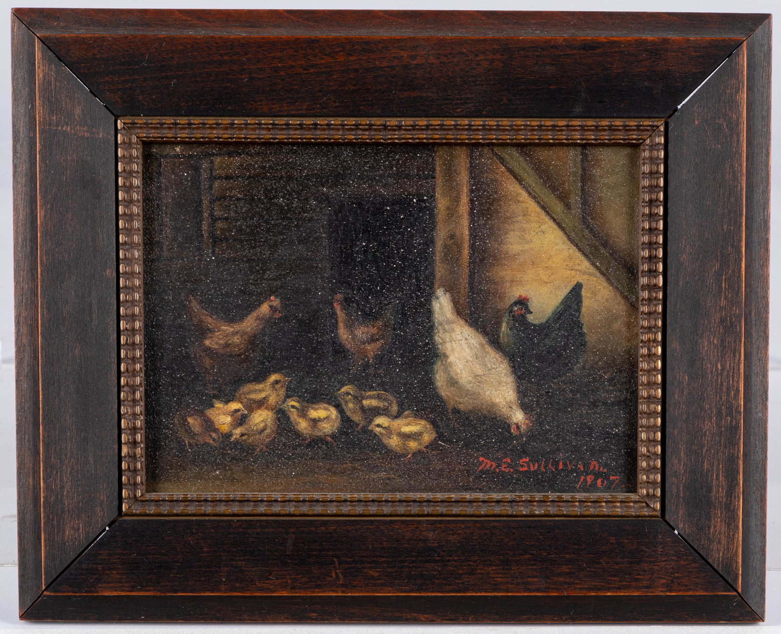 Four small oil works: Three small oil works, 19th c., together with a larger coastal scene, 12'' x 20''.